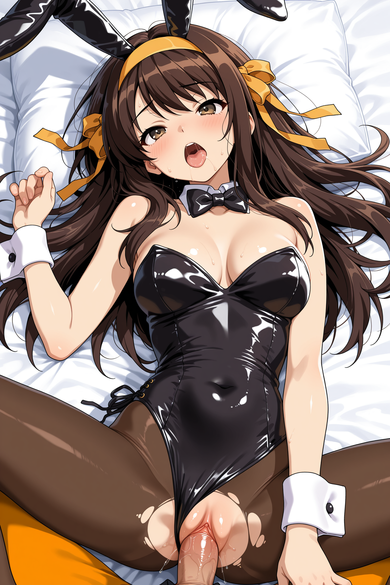 1girl, solo, suzumiya haruhi, suzumiya haruhi no yuutsu, brown hair, long hair, bangs, brown eyes, medium breasts, looking at viewer, ahegao, open mouth, playboy bunny, rabbit ears, leotard, black leotard, strapless leotard, brown pantyhose, torn pantyhose, pantyhose, bowtie, black bowtie, ribbon, yellow ribbon, black bow, hairband, yellow hairband, hair ribbon, wrist cuffs, detached collar, bare shoulders, covered navel, lying, on back, on bed, spread legs, sex, vaginal, penis, pussy, simple background, white background, indoors, bed, shiny, official alternate costume, official alternate hairstyle, official alternate hair length