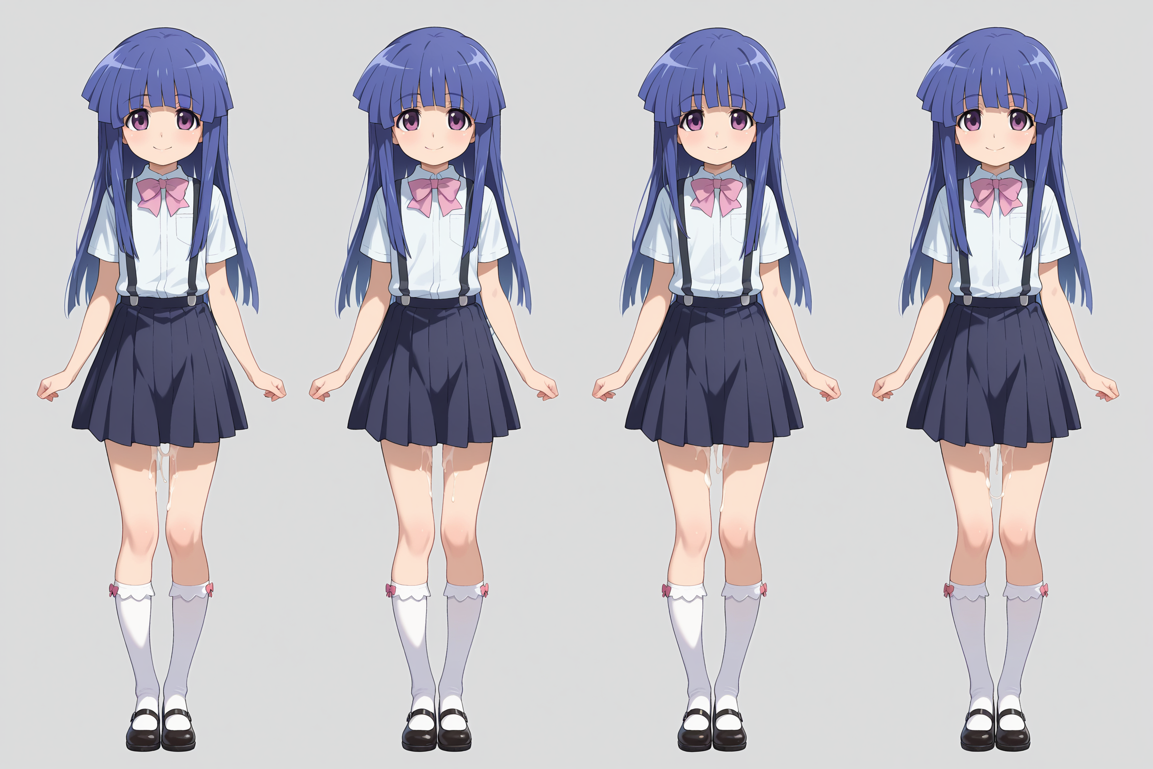 1girl, solo, furude rika, higurashi no naku koro ni, long hair, blue hair, purple eyes, smile, school uniform, shirt, skirt, suspenders, pink bow, bow, kneehighs, socks, mary janes, shoes, full body, multiple views, reference sheet, simple background, white background, anal sex, after sex
