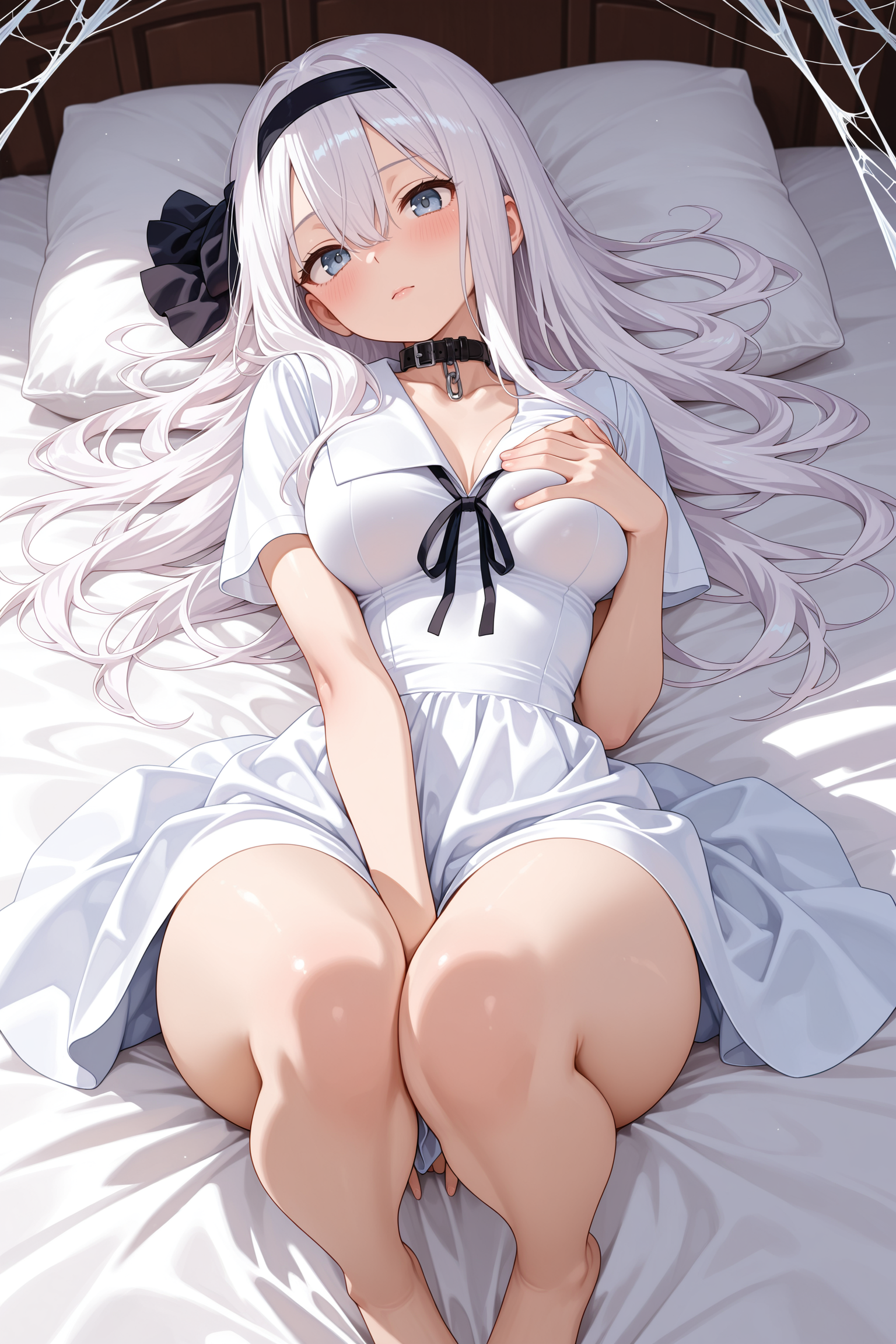 1girl, solo, long hair, white hair, bangs, hair between eyes, hairband, black hairband, blue eyes, looking at viewer, closed mouth, shuuchiin academy school uniform, collar, ribbon, black ribbon, collar ribbon, white dress, white skirt, silk, skirt above knees, upper legs, breasts, collarbone, breast touch, hand on breast, hand between legs, lying, on bed, legs together, barefoot, lower legs out of frame