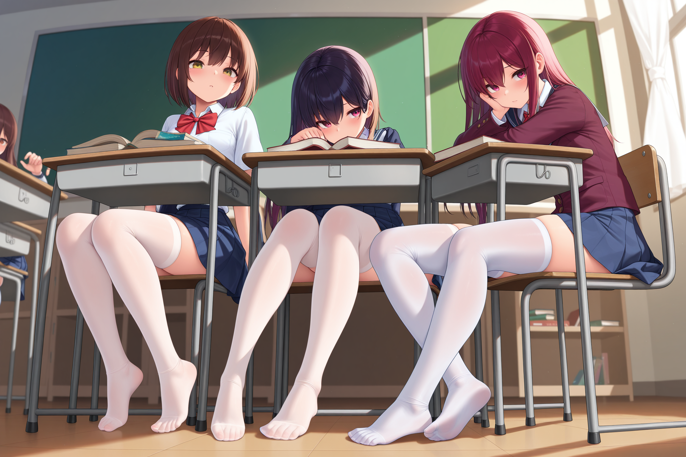 multiple girls, school uniform, white thighhighs, white stockings, pantyhose, stockings, thighhighs, hosiery, shoeless, feet, legs, sitting, desk, books, classroom