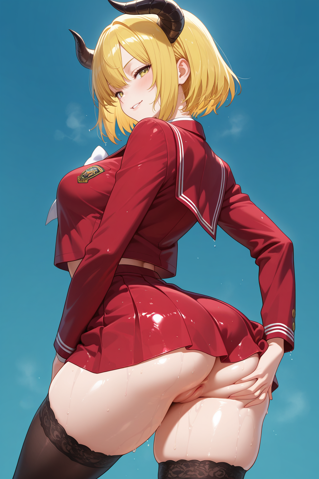 1girl, solo, yellow hair, short hair, horns, demon horns, hunter eyes, medium breasts, large ass, thick thighs, curvy figure, red outfit, school uniform, short skirt, stockings, thighhighs, alluring pose, looking at viewer, smirk, parted lips, arched back, hand on ass, grabbing ass, pussy, wet pussy, bare pussy, simple background