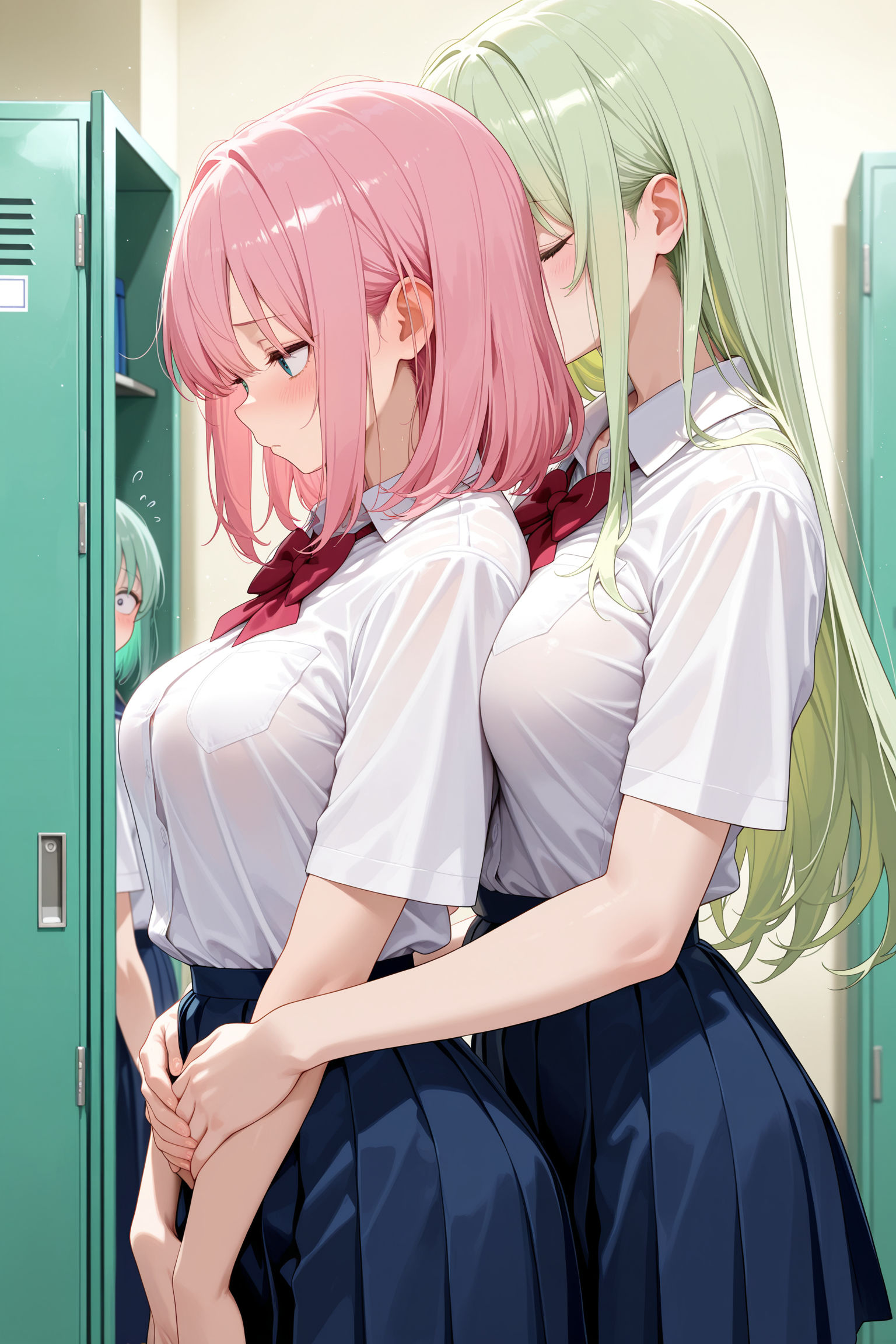 2girls, hugging, school uniform, pink hair, medium hair, medium breasts, pale green hair, long hair, hands on body, breasts, chest, indoors, locker room, school, simple background