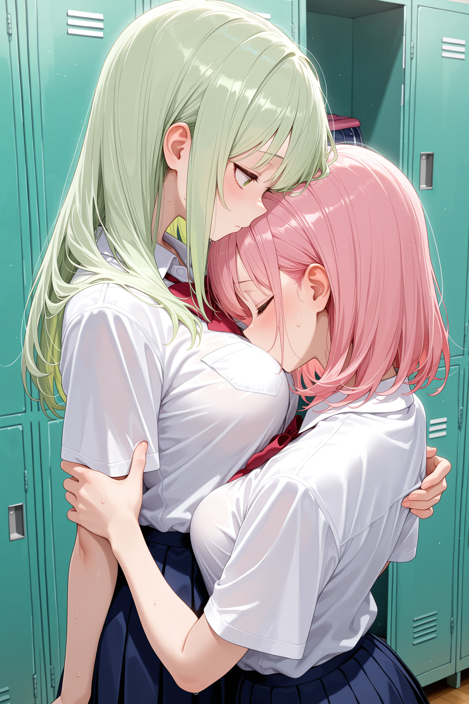 2girls, hugging, school uniform, pink hair, medium hair, medium breasts, pale green hair, long hair, hands on body, breasts, chest, indoors, locker room, school, simple background