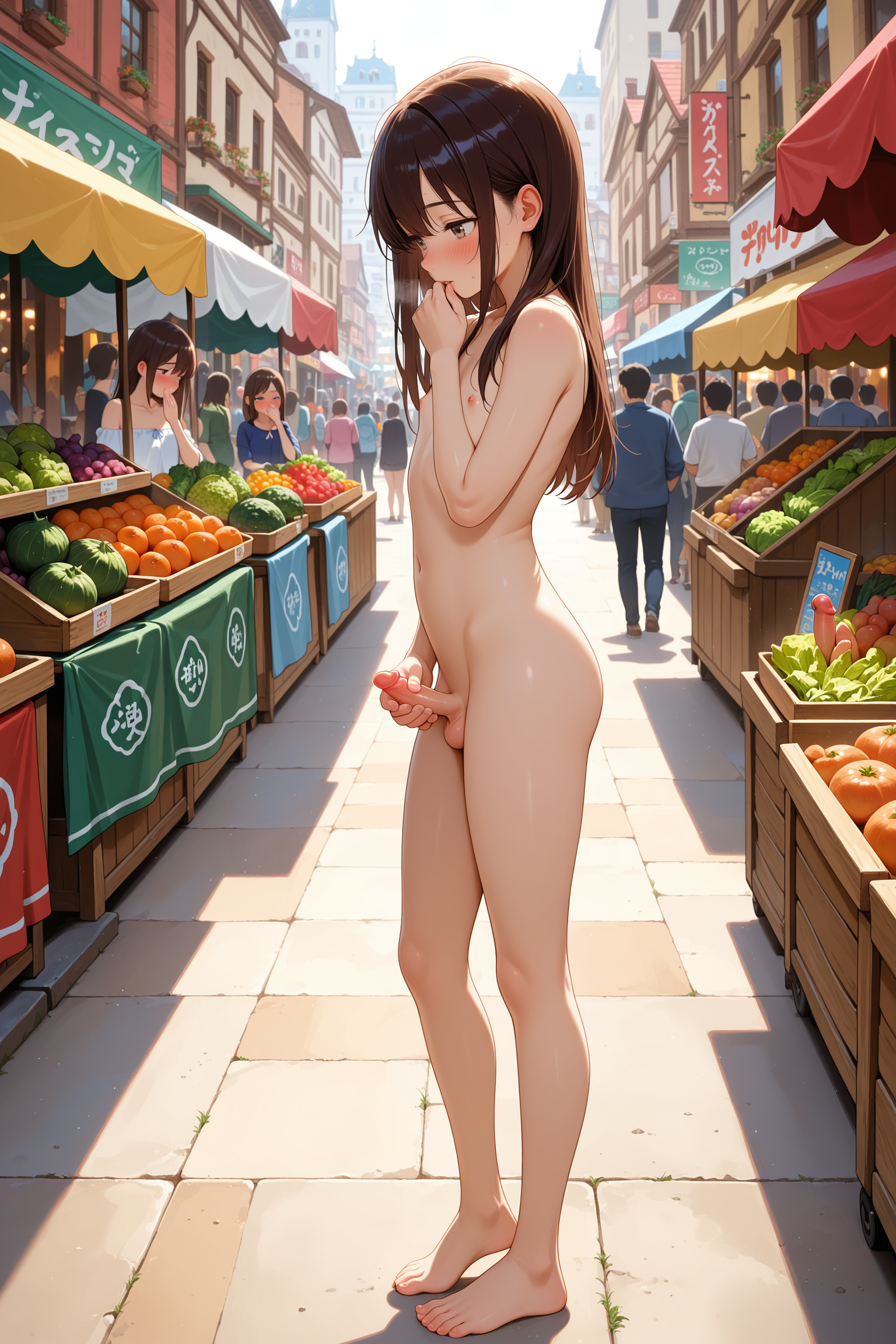 1boy, solo, femboy, nude, bare chest, bare shoulders, bare legs, bare feet, erect penis, small penis, average build, long hair, masturbation, holding own penis, right hand, left hand, hand to mouth, shy, embarrassed, blushing, looking down, vegetables, market, market stall, busy street, outdoors, crowd, buildings, daytime, natural lighting, anime style