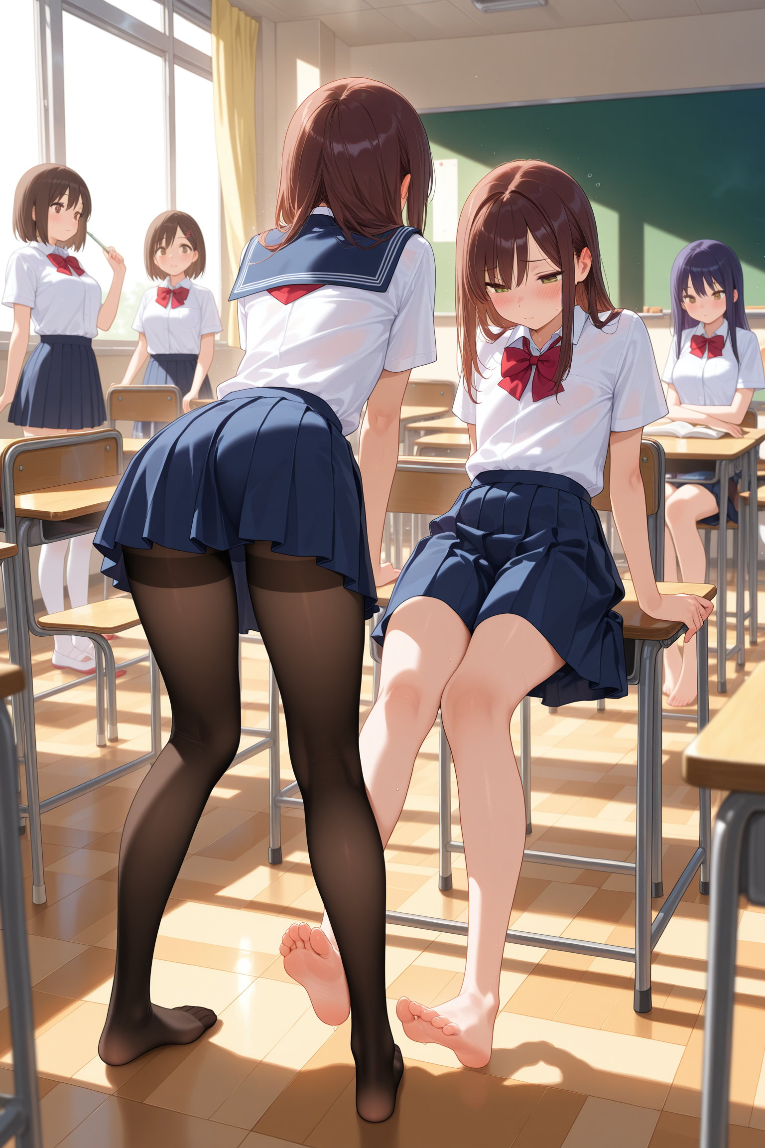 multiple girls, schoolgirl, school uniform, classroom, indoors, stockings, pantyhose, thighhighs, barefoot, feet, legs
