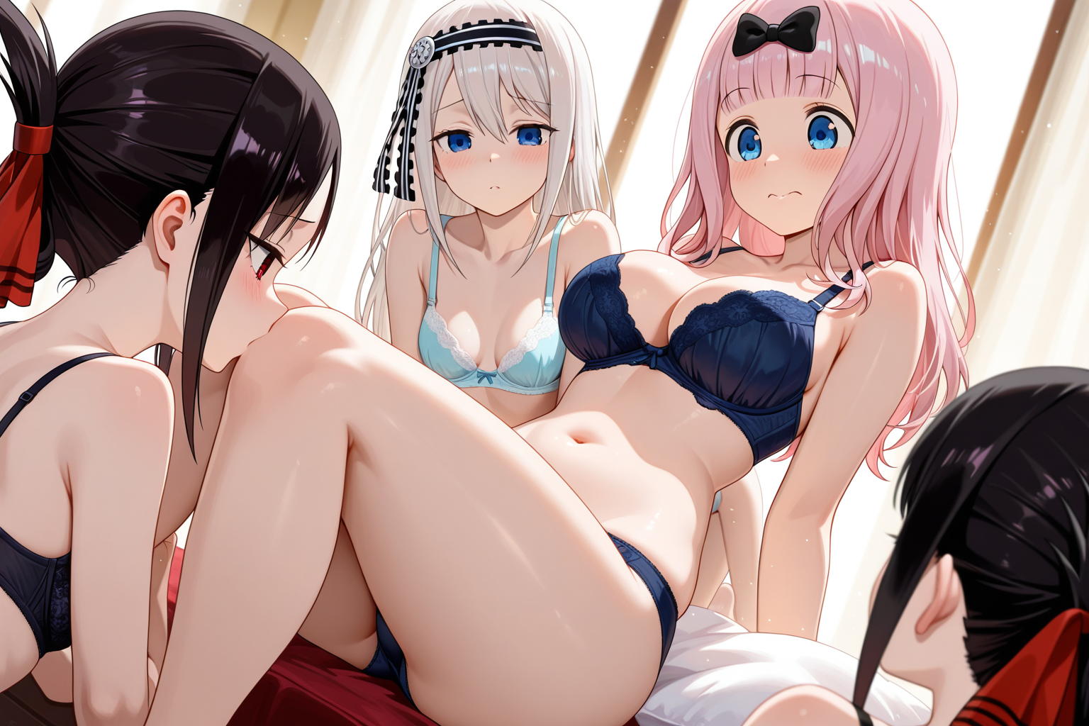 3girls, fujiwara chika, shinomiya kaguya, shirogane kei, kaguya-sama wa kokurasetai, minimal clothing, underwear, bra, panties