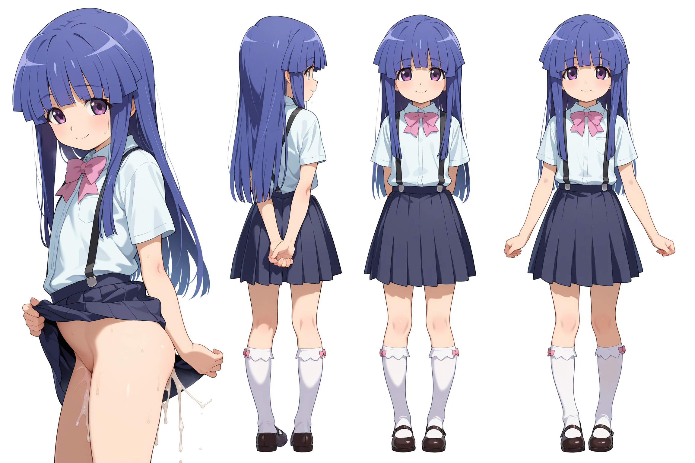 1girl, solo, furude rika, higurashi no naku koro ni, long hair, blue hair, purple eyes, smile, school uniform, shirt, skirt, suspenders, pink bow, bow, kneehighs, socks, mary janes, shoes, full body, multiple views, reference sheet, simple background, white background, anal sex, after sex