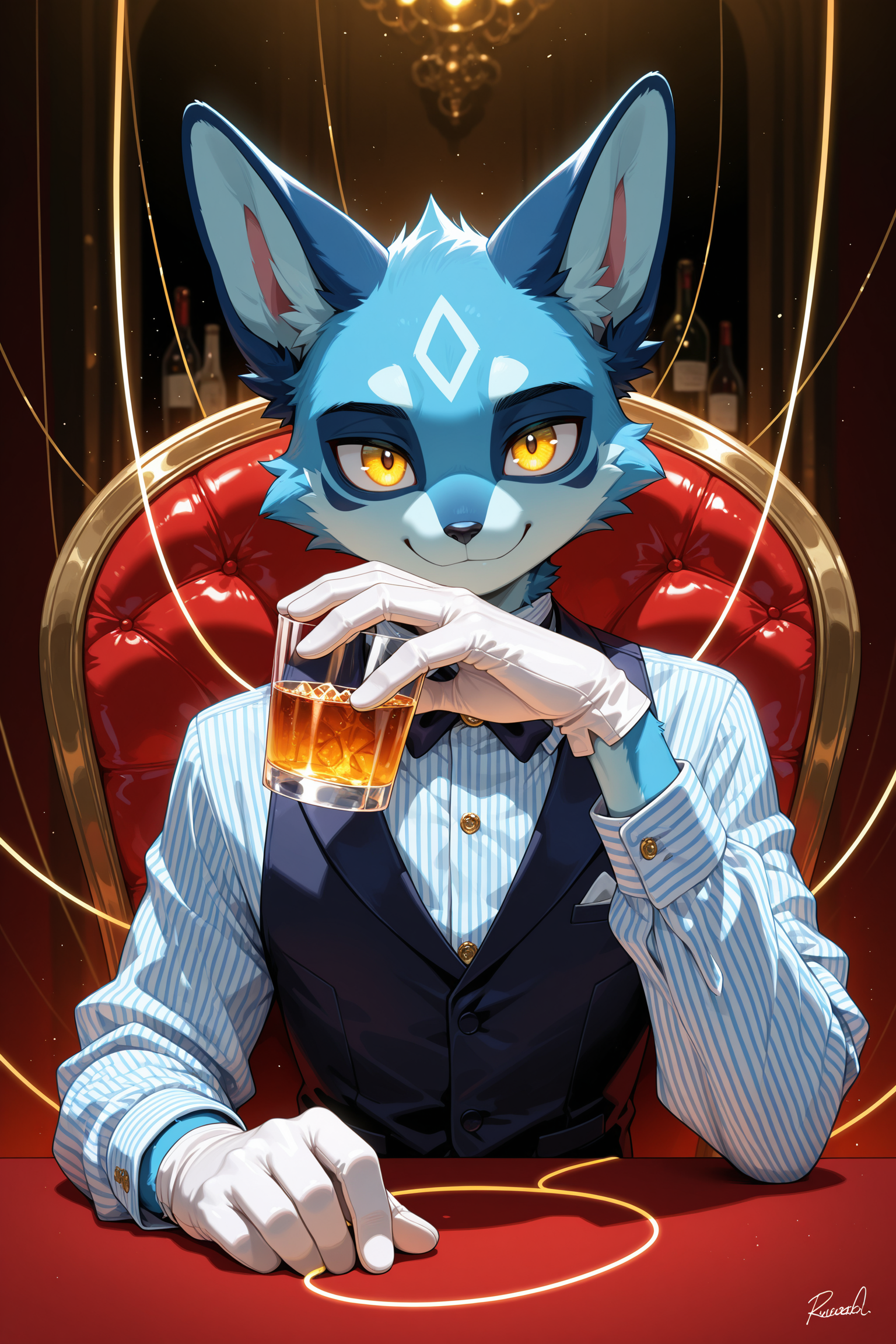 solo, looking at viewer, smile, shirt, gloves, long sleeves, 1boy, holding, animal ears, yellow eyes, upper body, male focus, striped, artist name, white gloves, hand up, signature, vest, cup, glowing, formal, holding cup, furry, drinking glass, striped shirt, string, furry male, blue fur