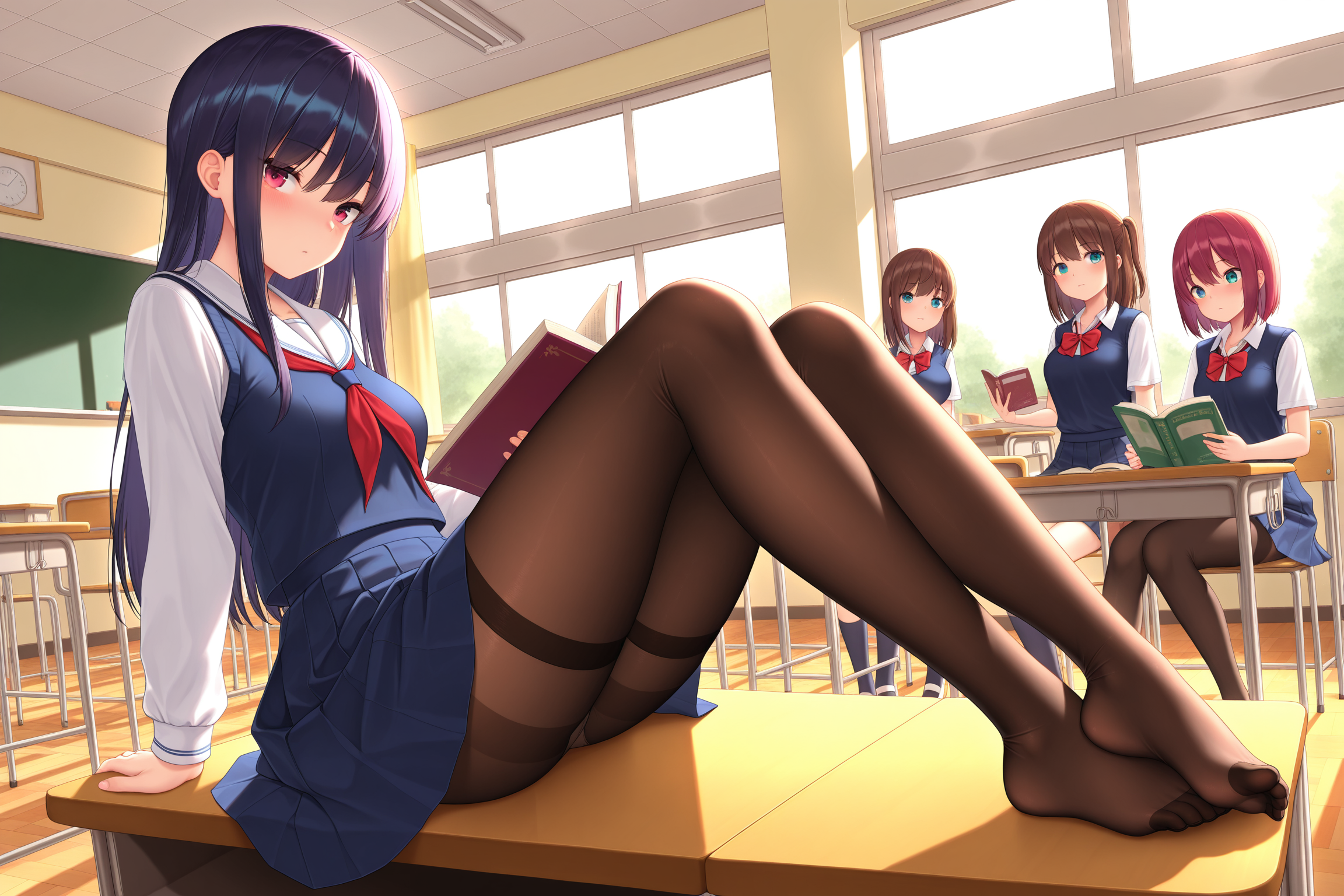 multiple girls, school uniform, classroom, sitting, desk, books, pantyhose, stockings, thighhighs, hosiery, shoeless, feet, legs