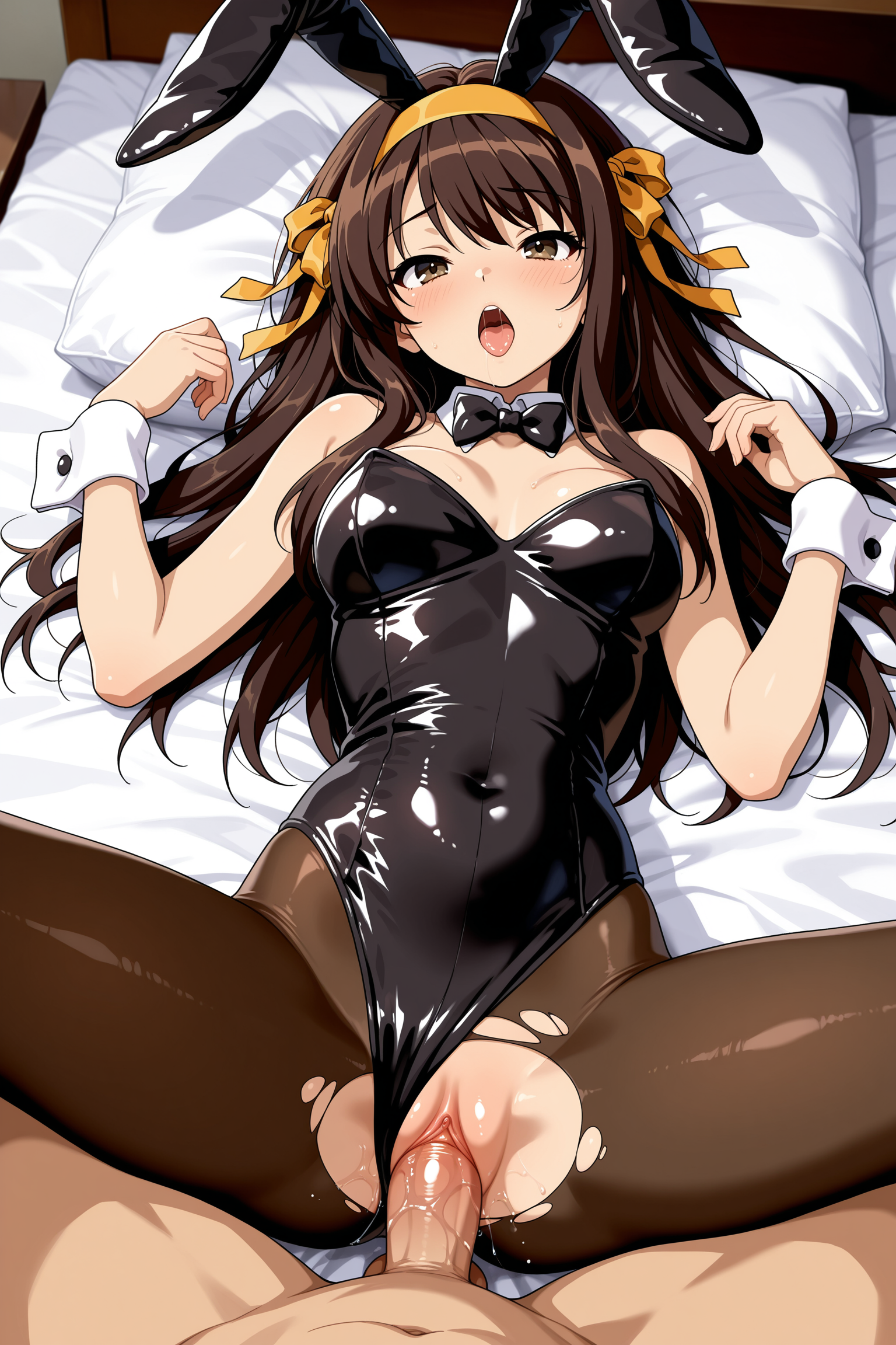 1girl, solo, suzumiya haruhi, suzumiya haruhi no yuutsu, brown hair, long hair, bangs, brown eyes, medium breasts, looking at viewer, ahegao, open mouth, playboy bunny, rabbit ears, leotard, black leotard, strapless leotard, brown pantyhose, torn pantyhose, pantyhose, bowtie, black bowtie, ribbon, yellow ribbon, black bow, hairband, yellow hairband, hair ribbon, wrist cuffs, detached collar, bare shoulders, covered navel, lying, on back, on bed, spread legs, sex, vaginal, penis, pussy, simple background, white background, indoors, bed, shiny, official alternate costume, official alternate hairstyle, official alternate hair length