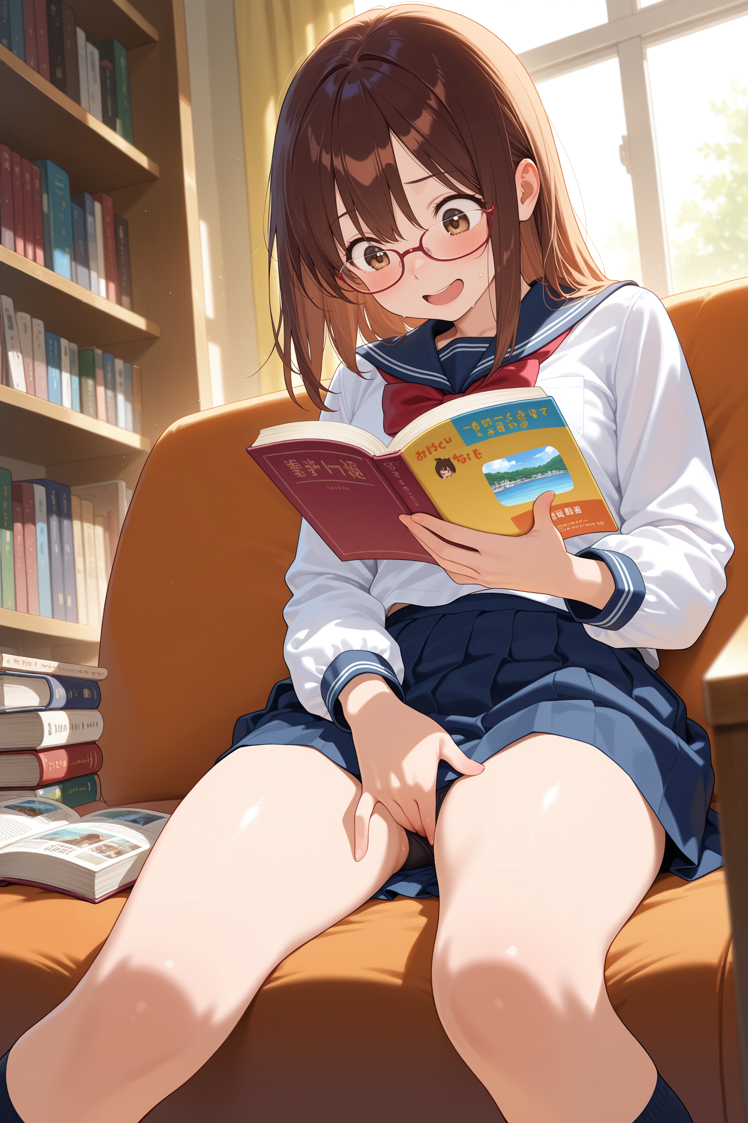 1girl, solo, school uniform, masturbation, reading, reading book, holding book, excited, indoors, room, book, home