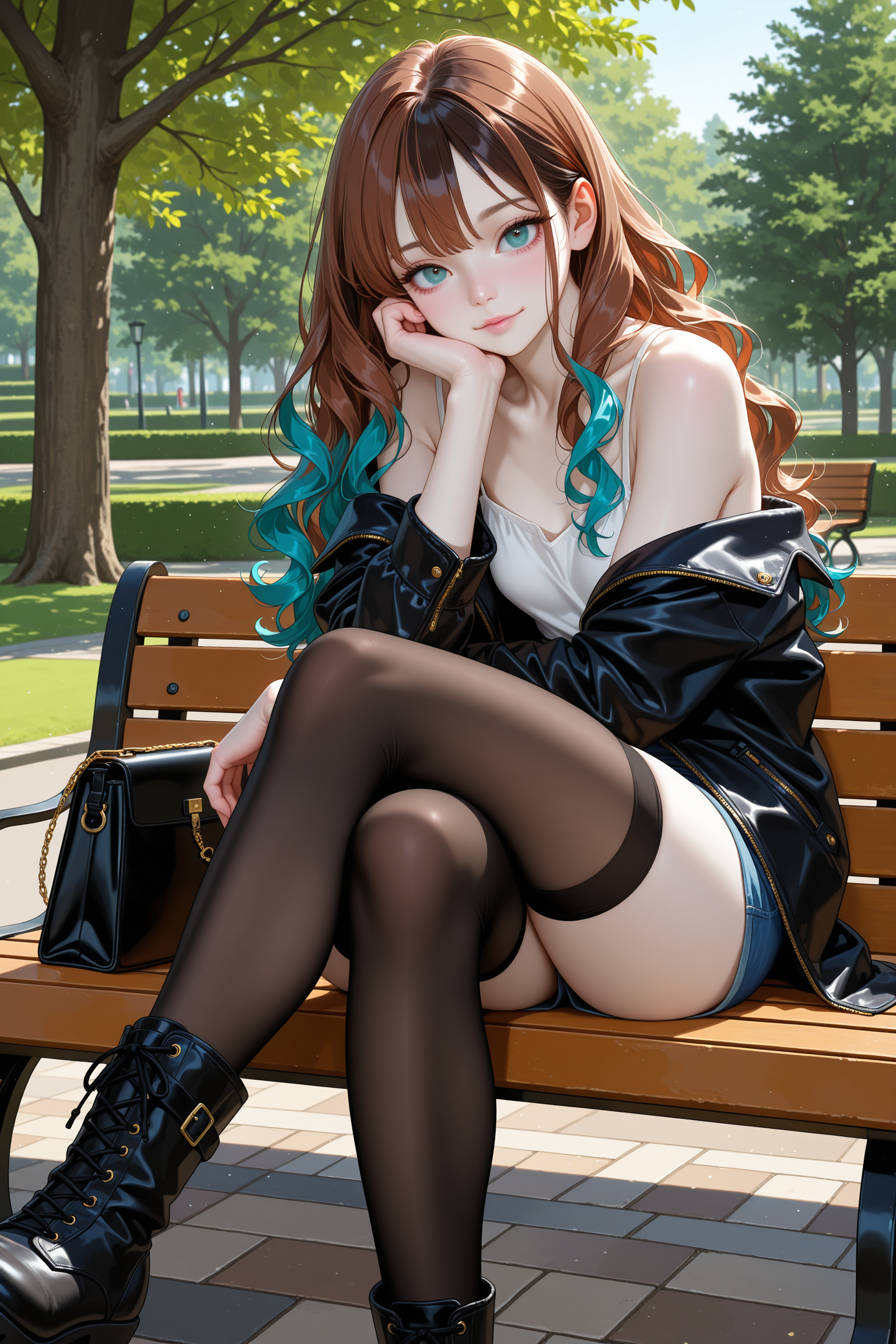 1girl, solo, long hair, brown hair, cyan hair, two-tone hair, wavy hair, looking at viewer, sitting, crossed legs, black jacket, thighhighs, black thighhighs, boots, bag, handbag, park bench, park, tree, outdoors, pale skin, slim, realistic skin, delicate face, narrow shoulders, long arms, natural eyelashes