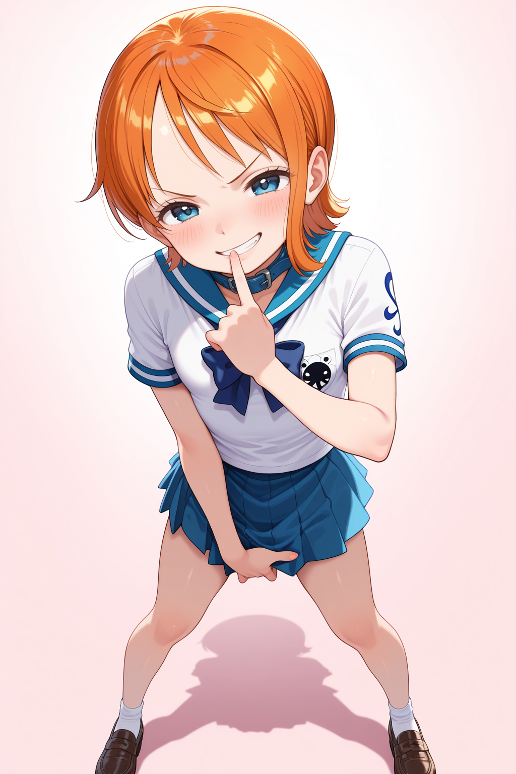 1girl, solo, nami (one piece), one piece, loli, orange hair, short hair, wavy hair, blue eyes, bangs, smirk, teasing, mesugaki, looking at viewer, school uniform, pleated skirt, white shirt, short sleeves, blue collar, shoes, standing, legs apart, pissing, one hand on crotch, simple background