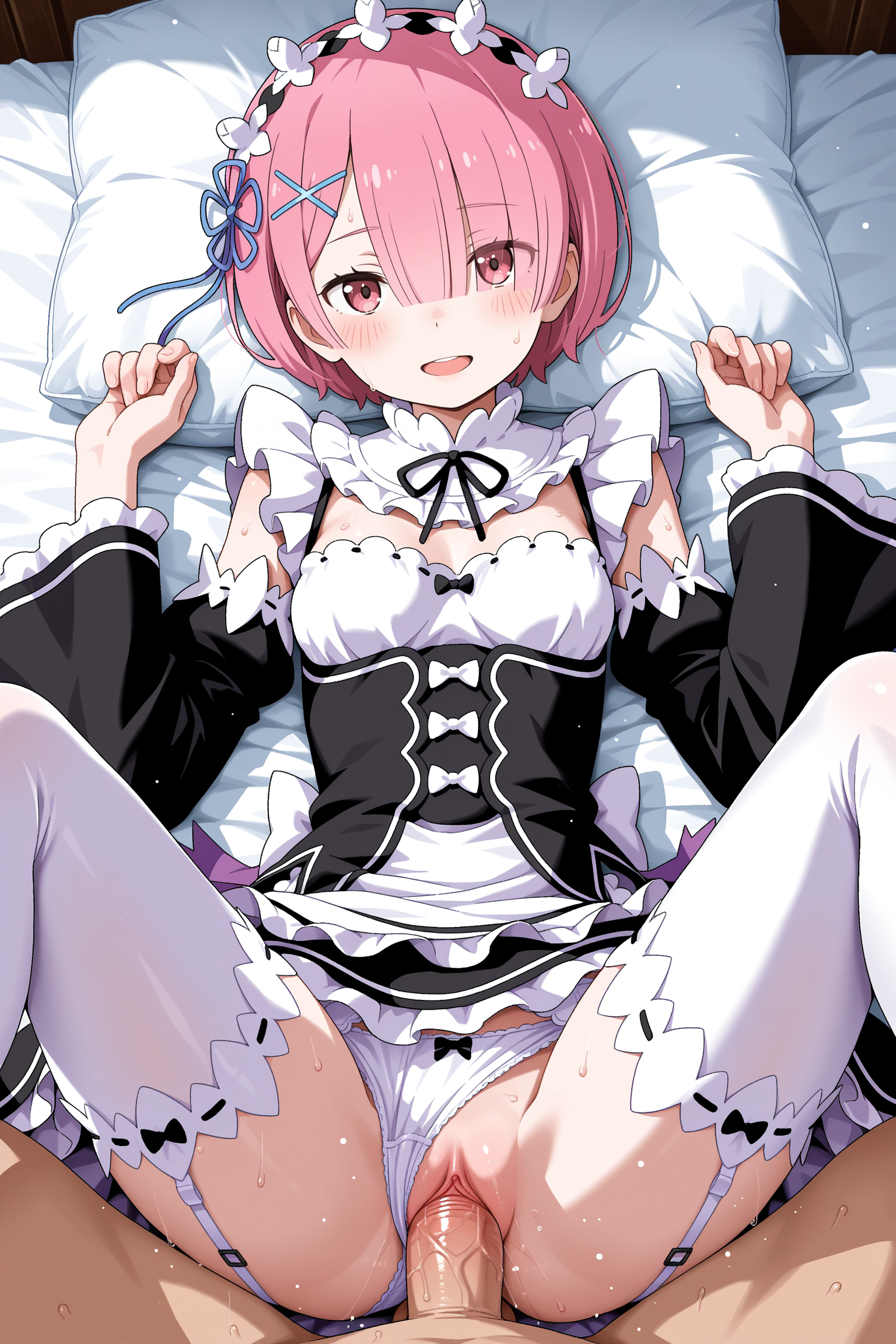 1girl, 1boy, ram (re:zero), re:zero, hetero, sex, vaginal, missionary, clothed sex, clothing aside, panties aside, penis, pussy, uncensored, pov, on back, m legs, lying, pink hair, short hair, bangs, hair over one eye, eyes visible through hair, red eyes, looking at viewer, smile, open mouth, sweat, small breasts, breasts, maid, maid headdress, roswaal mansion maid uniform, dress, black ribbon, neck ribbon, ribbon trim, hair ornament, x hair ornament, hair ribbon, black sleeves, long sleeves, detached sleeves, garter straps, thighhighs, underwear, panties, white panties, bed sheet, solo focus, oekaki, jaggy lines