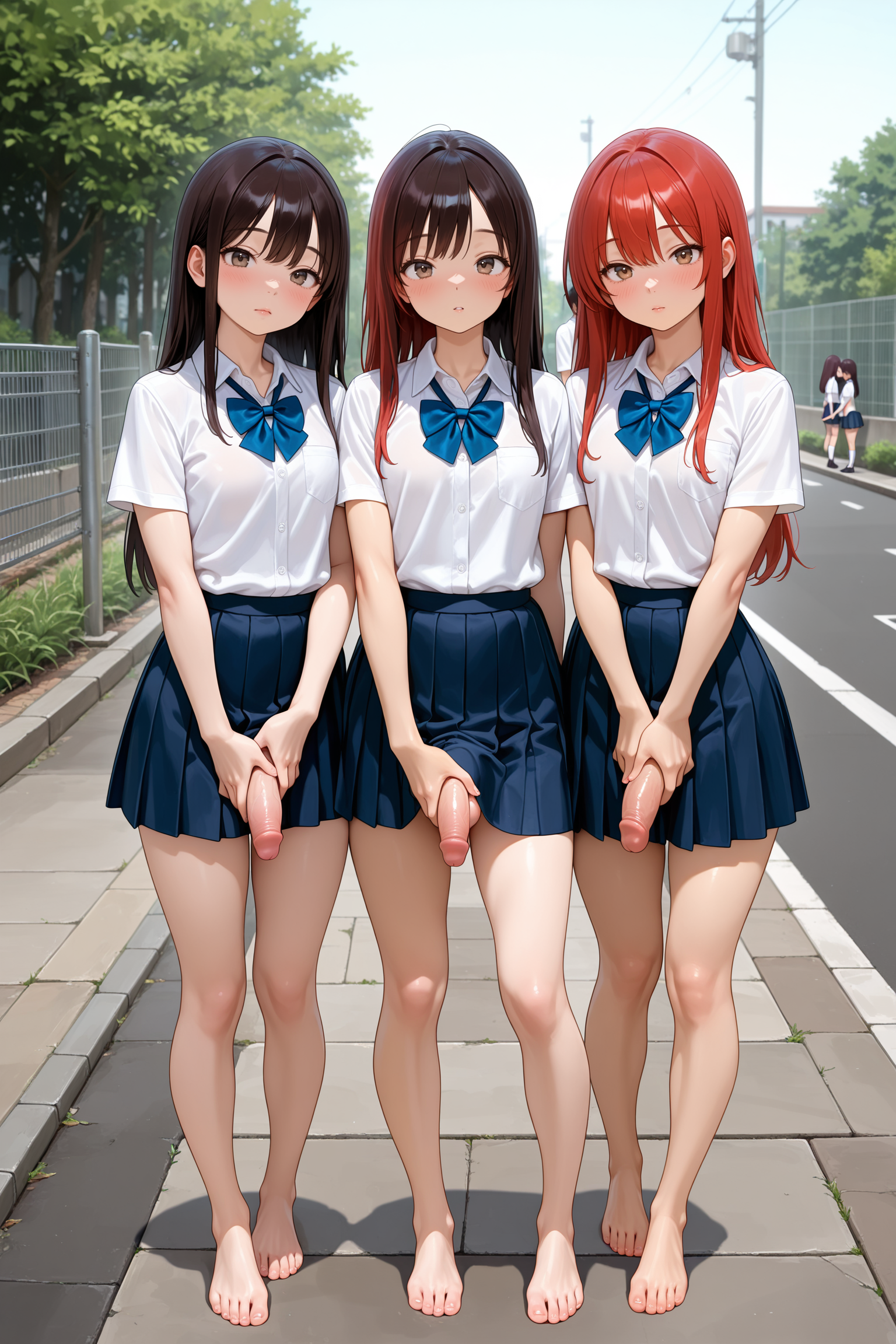 2girls, 1boy, femboy, long hair, skirt, white shirt, school uniform, penis, flaccid, hand on penis, barefoot, standing, full body, legs visible, looking at viewer, side-by-side, sidewalk, roadway, metal fence, outdoors