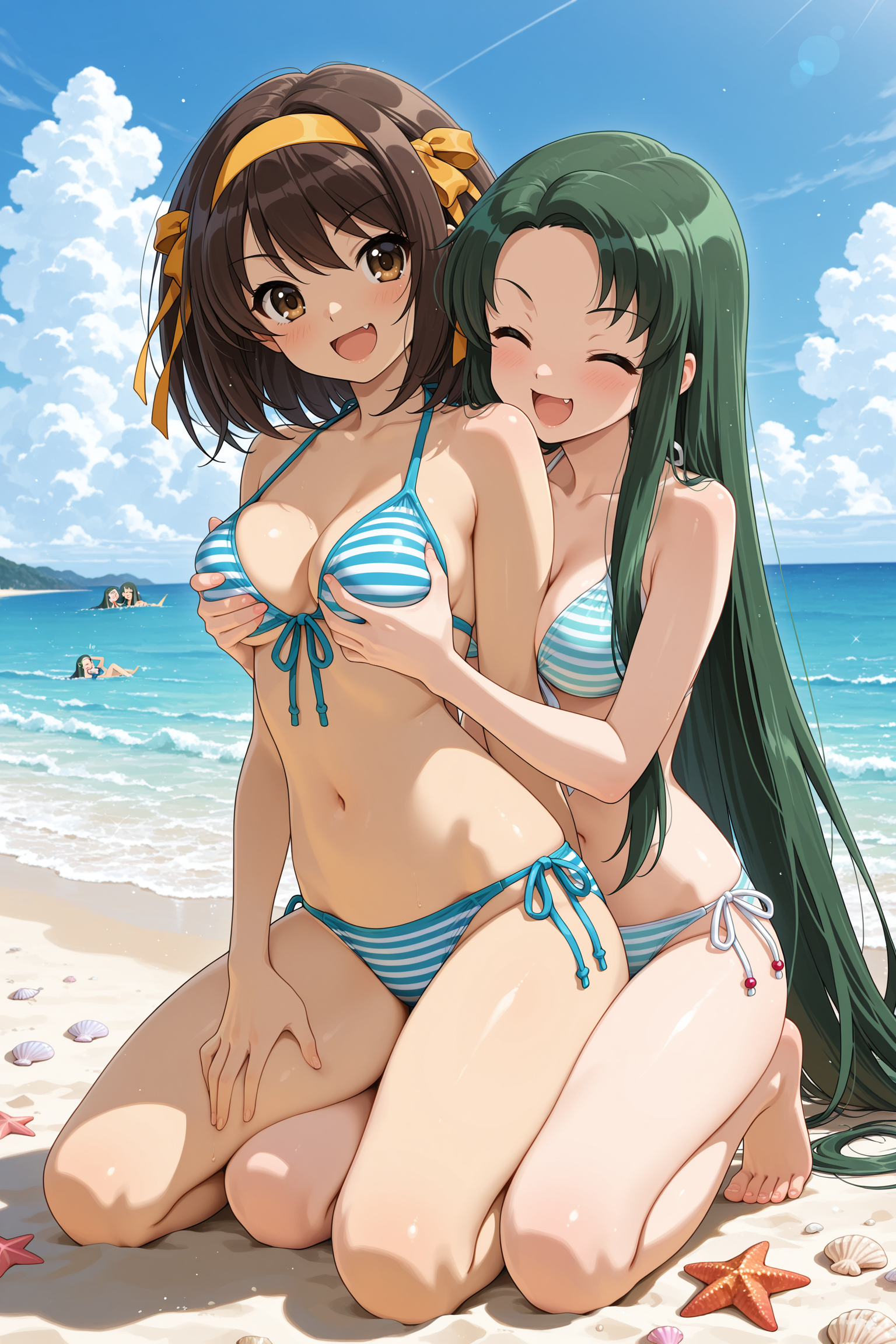 long hair, breasts, blush, smile, short hair, open mouth, bangs, multiple girls, brown hair, ribbon, navel, 2girls, cleavage, brown eyes, medium breasts, sitting, very long hair, swimsuit, full body, closed eyes, hair ribbon, :d, bikini, hairband, outdoors, green hair, sky, barefoot, day, fang, striped, cloud, yuri, blue sky, kneeling, side-tie bikini bottom, ocean, beach, grabbing, breast grab, front-tie top, blue bikini, striped bikini, yellow ribbon, sand, grabbing from behind, shell, yellow hairband, starfish, seashell, suzumiya haruhi, tsuruya