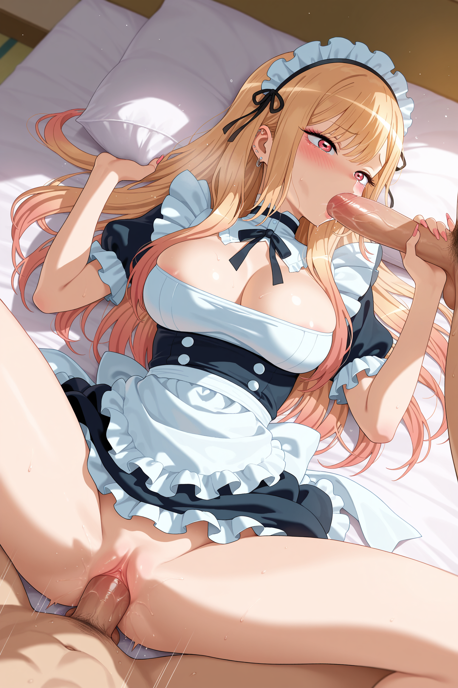 1girl, 1boy, kitagawa marin, sono bisque doll wa koi wo suru, blonde hair, long hair, blue eyes, maid, maid outfit, maid headdress, sex, missionary position, fellatio, penis, lying, spread legs