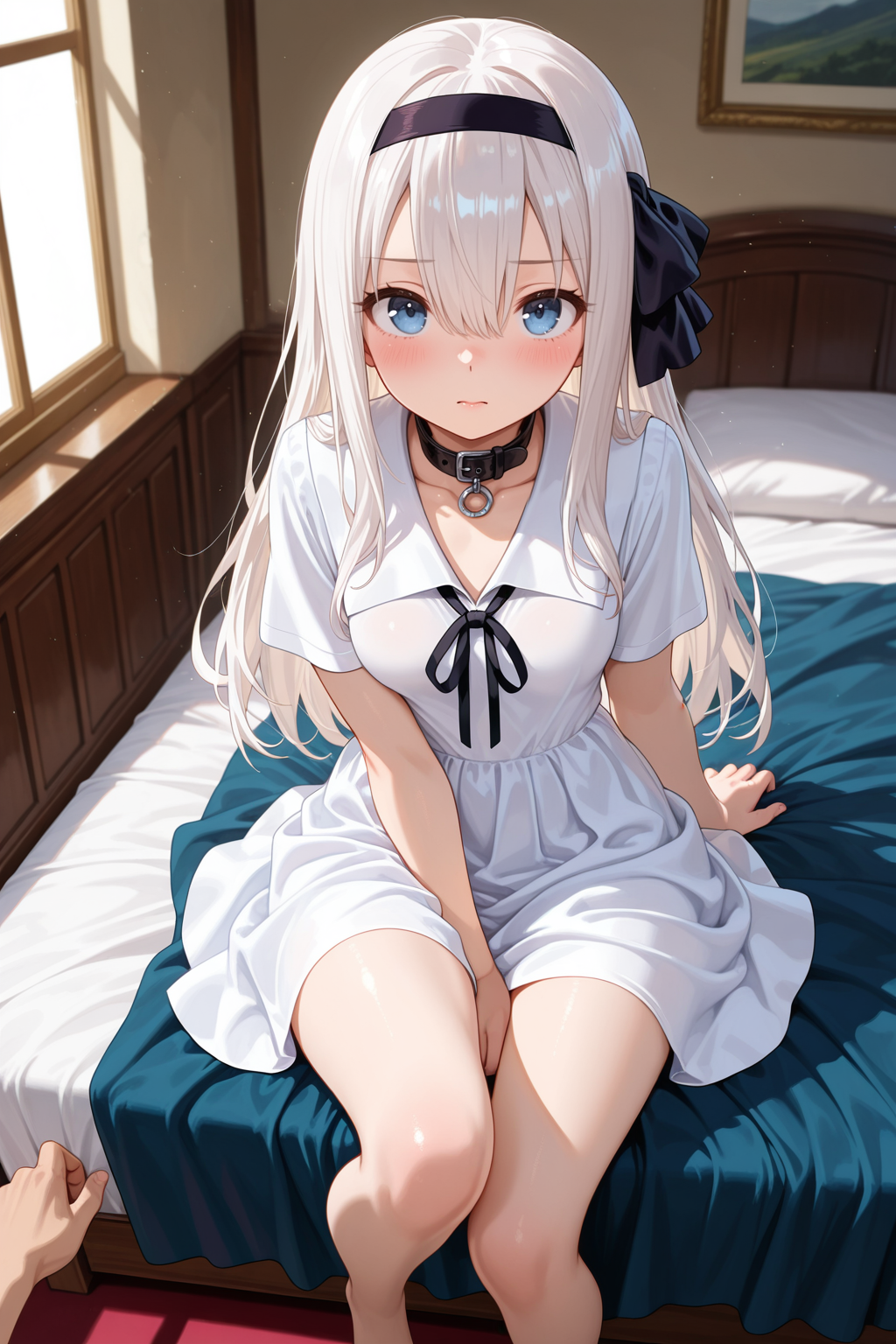 1girl, solo, long hair, white hair, bangs, hair between eyes, hairband, black hairband, blue eyes, looking at viewer, school uniform, shuuchiin academy school uniform, collar, ribbon, black ribbon, collar ribbon, white dress, skirt, skirt above knees, upper legs, breasts, collarbone, closed mouth, sitting, lying, sitting on edge of bed, bed, out of frame, lower legs out of frame, no footwear, no pantyhose