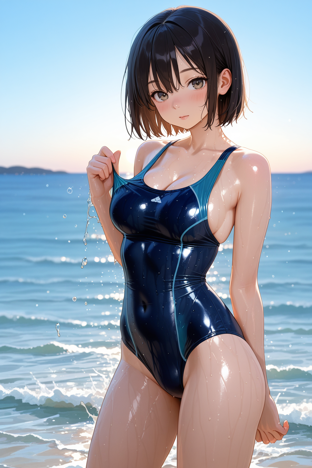 solo, 1girl, schoolgirl, skolnitsa, medium breasts, 150cm tall, short stature, swimsuit, one-piece swimsuit, wet swimsuit, wet clothes, cleavage, midriff, short hair, black hair, brown eyes, simple background, outdoors, water, ocean, sea, standing, looking at viewer, expressionless, soft lighting, detailed