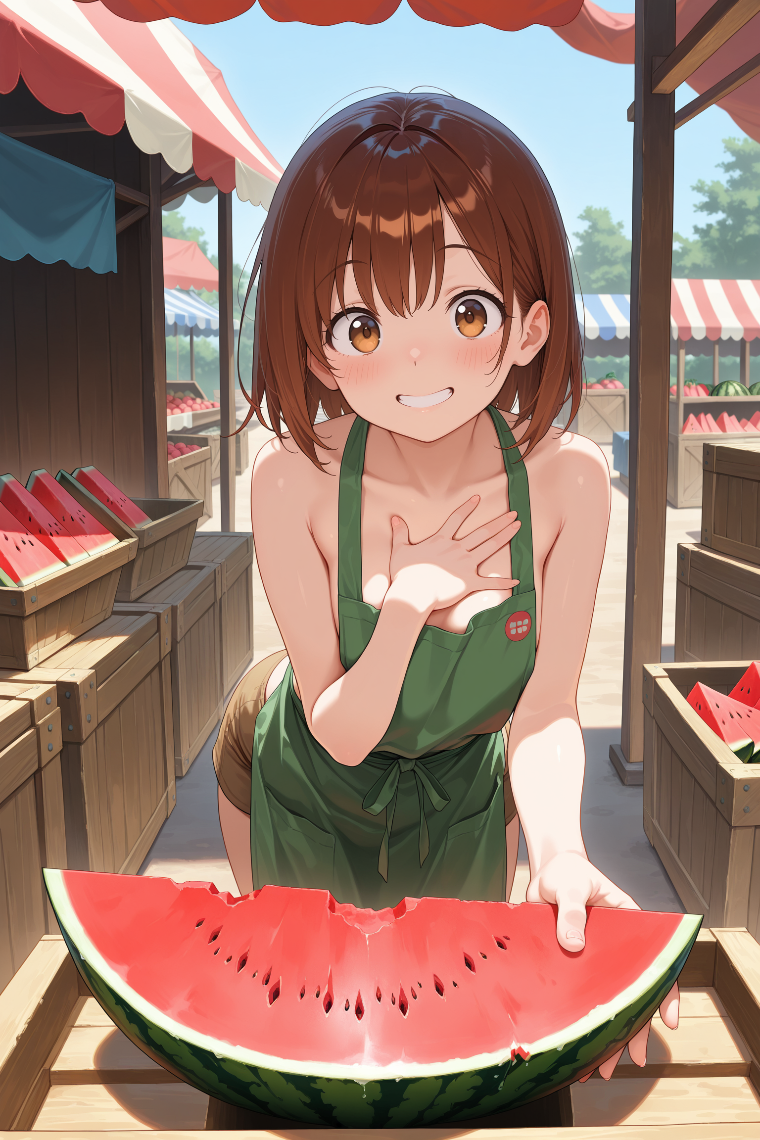 1girl, solo, apron, looking at viewer, smile, eager, excited, hand on chest, leaning forward, offering, holding watermelon, watermelon, fruit, market, outdoors, stall, awning, crate, simple background