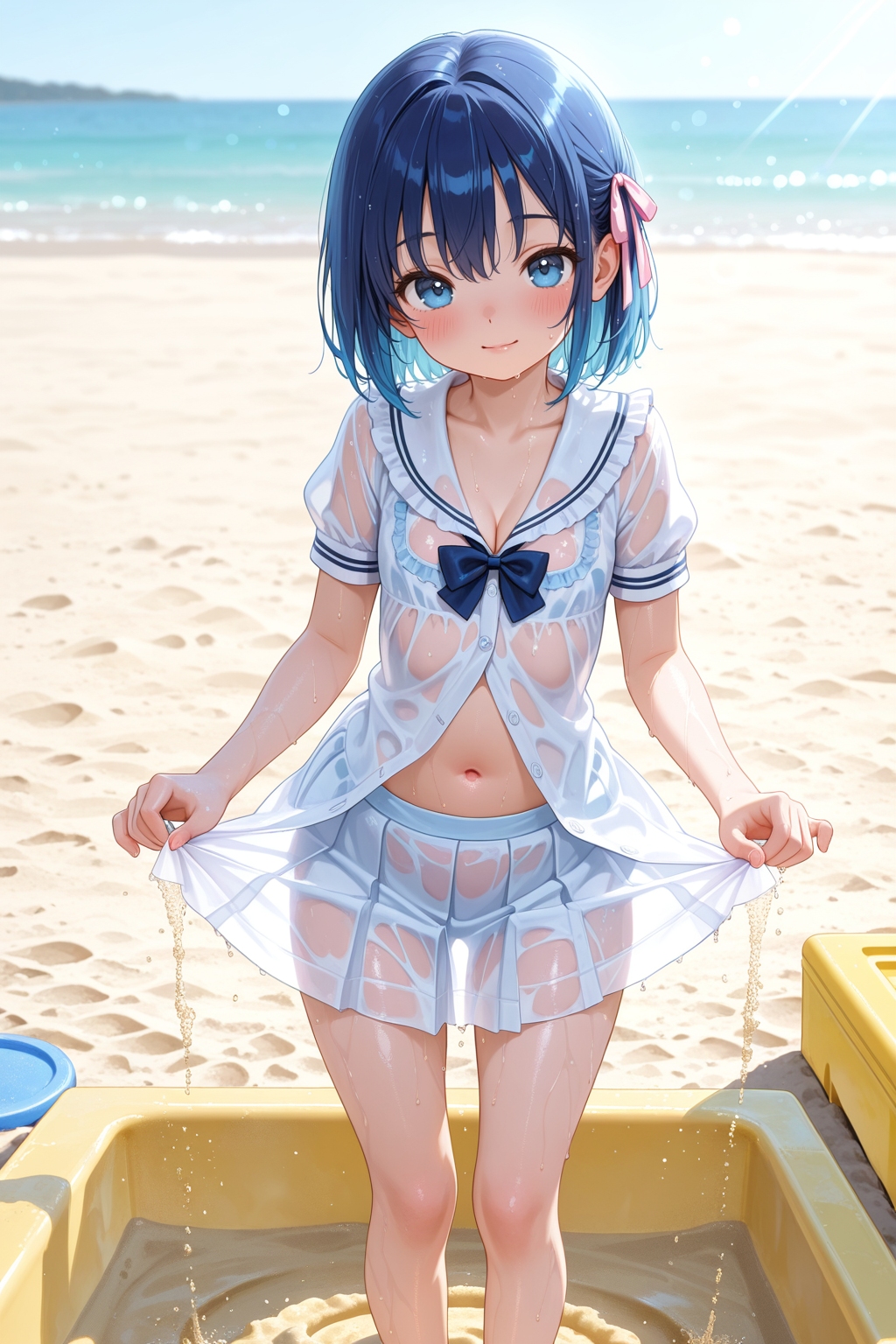 1girl, lolicon, lolita, solo, short hair, blue hair, blue eyes, dress, transparent dress, see-through, wet clothes, semen, wet, playing, standing, sand, sandbox, simple background, outdoors, daylight, smile, looking at viewer, bare legs, short sleeves, skirt, pleated skirt, school uniform, hair ribbon, bow, frills, cleavage, navel, thighs, feet out of frame, soft lighting, pastel colors, anime style