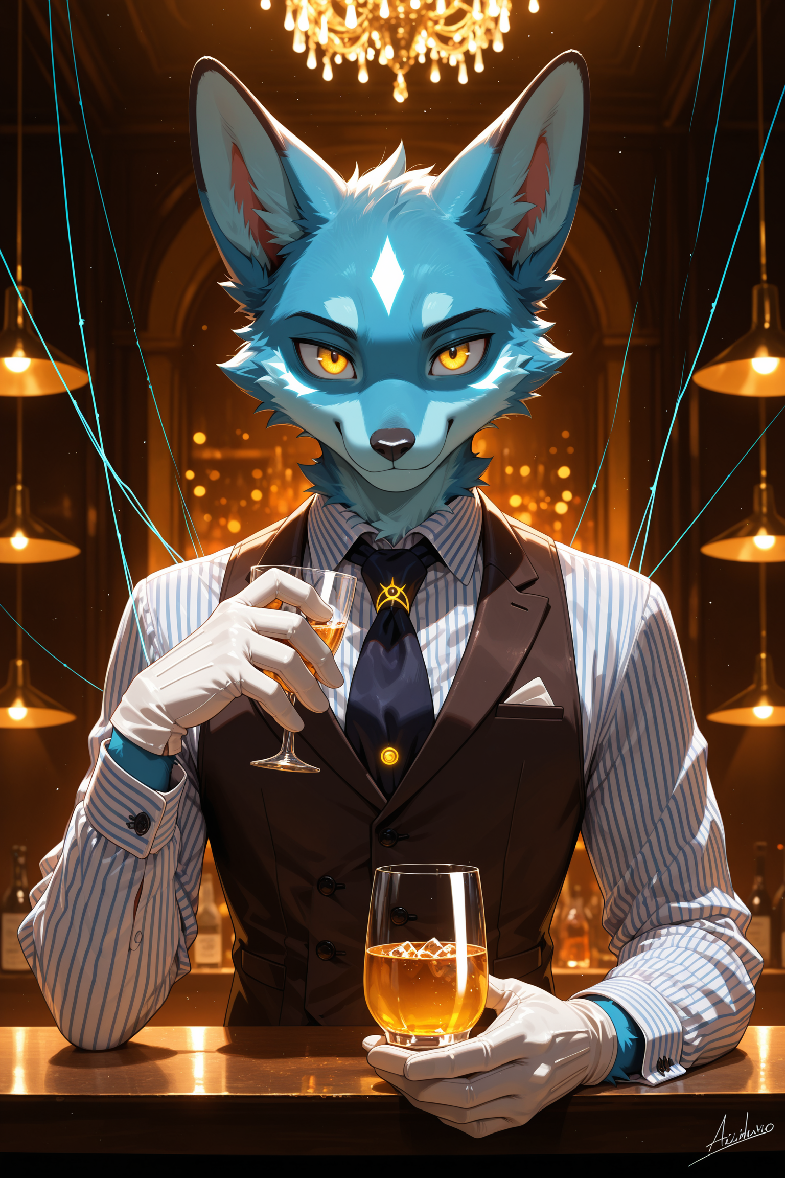 solo, looking at viewer, smile, shirt, gloves, long sleeves, 1boy, holding, animal ears, yellow eyes, upper body, male focus, striped, artist name, white gloves, hand up, signature, vest, cup, glowing, formal, holding cup, furry, drinking glass, striped shirt, string, furry male, blue fur
