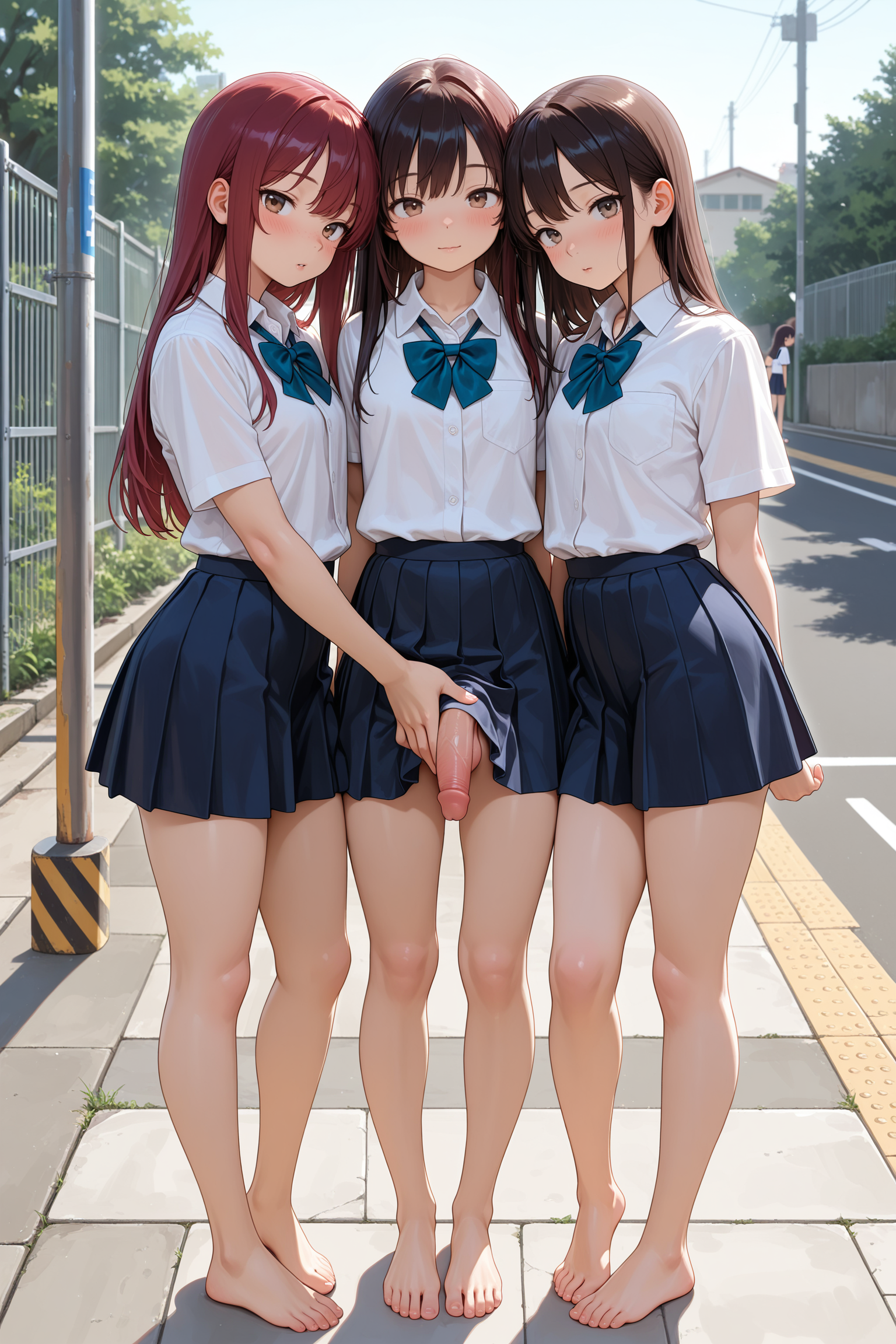 2girls, 1boy, femboy, long hair, skirt, white shirt, school uniform, penis, flaccid, hand on penis, barefoot, standing, full body, legs visible, looking at viewer, side-by-side, sidewalk, roadway, metal fence, outdoors