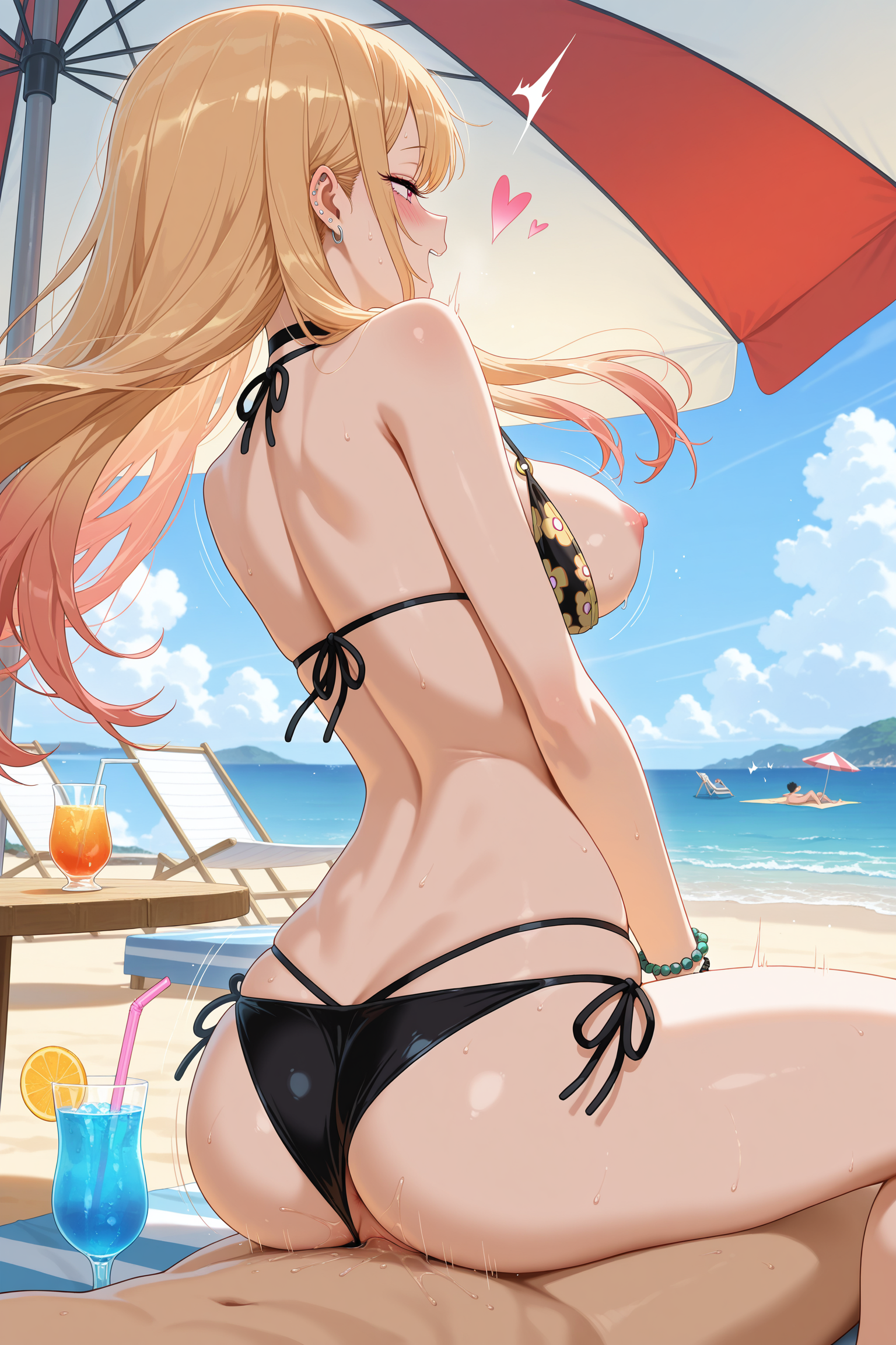 marin kitagawa, sono bisque doll wa koi wo suru, 1girl, 1boy, sex, cowgirl position, bouncing, pussy, breasts, nipples, bikini, bikini top, bikini bottom, panties pulled aside, ass, from behind, side view, beach, beach umbrella, ocean, sand, sky, day, outdoors, deck chair, sitting, table, drink