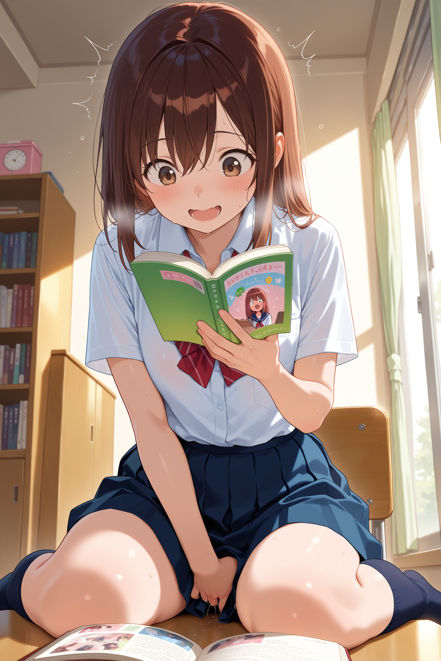 1girl, solo, school uniform, masturbation, reading, reading book, holding book, excited, indoors, room, book, home