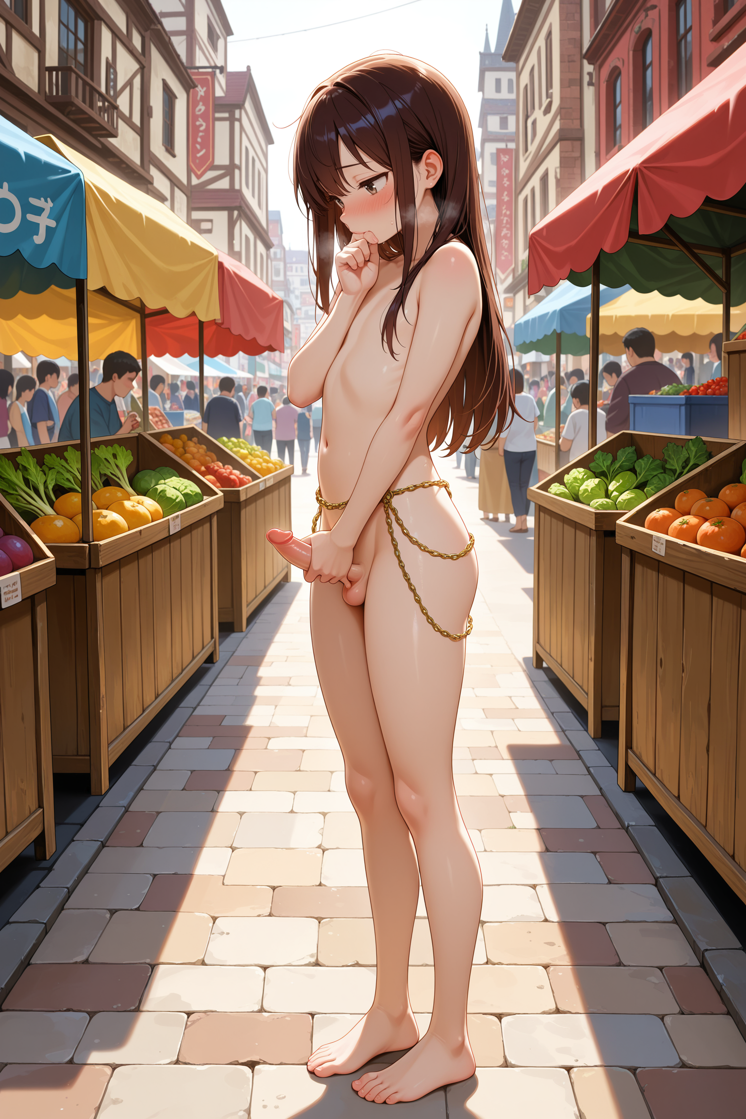 1boy, solo, femboy, nude, bare chest, bare shoulders, bare legs, bare feet, erect penis, small penis, average build, long hair, masturbation, holding own penis, right hand, left hand, hand to mouth, shy, embarrassed, blushing, looking down, vegetables, market, market stall, busy street, outdoors, crowd, buildings, daytime, natural lighting, anime style, waist chain, gold chain