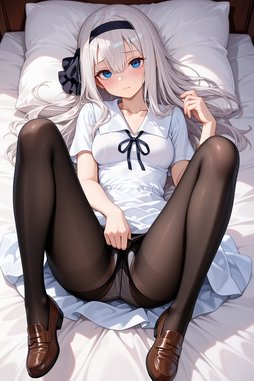 1girl, solo, shuuchiin academy, school uniform, white dress, collared dress, summer uniform, sailor collar, long hair, white hair, grey hair, bangs, hair between eyes, hairband, black hairband, blue eyes, looking at viewer, breasts, collarbone, closed mouth, ribbon, black ribbon, neck ribbon, pantyhose, black pantyhose, removing pantyhose, pantyhose down, shoes, loafers, brown footwear, hand up, lying, on bed, legs up, spread legs, panties, full body