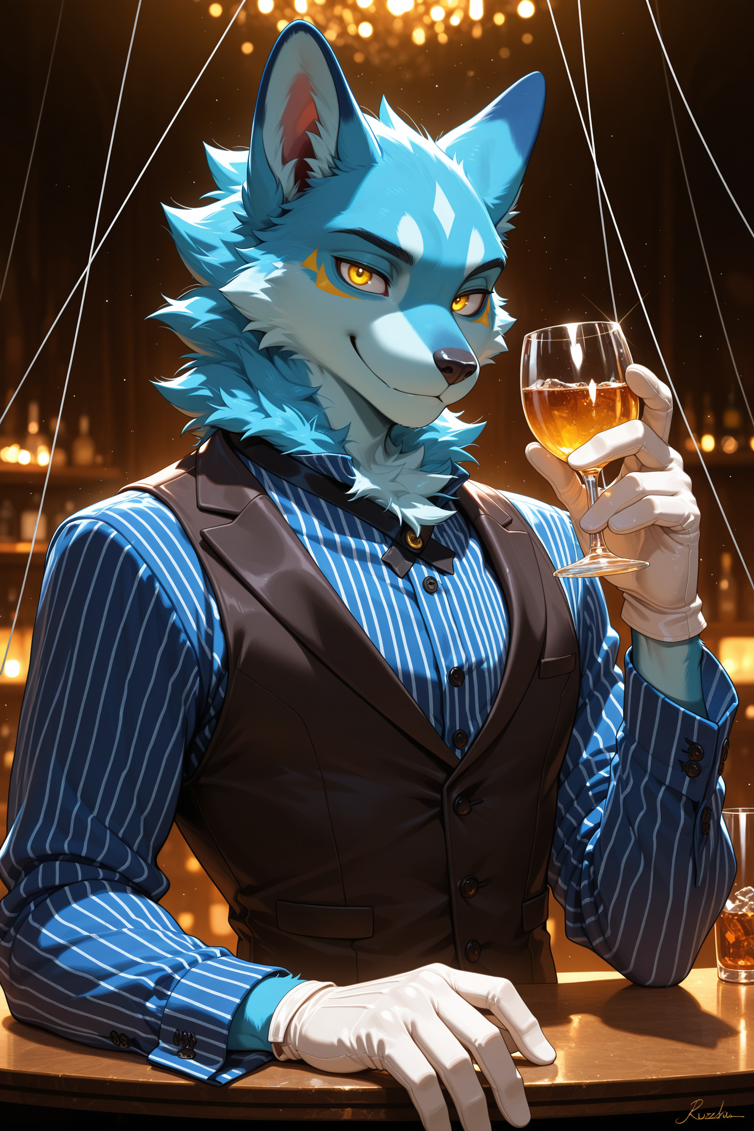 solo, looking at viewer, smile, shirt, gloves, long sleeves, 1boy, holding, animal ears, yellow eyes, upper body, male focus, striped, artist name, white gloves, hand up, signature, vest, cup, glowing, formal, holding cup, furry, drinking glass, striped shirt, string, furry male, blue fur