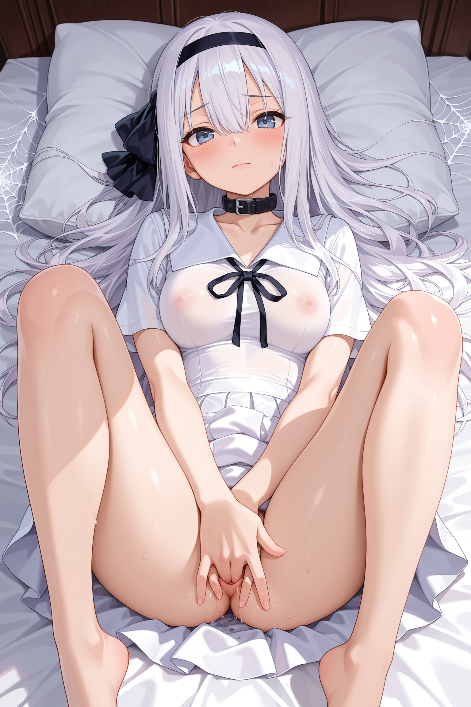 1girl, solo, long hair, white hair, bangs, hair between eyes, hairband, black hairband, blue eyes, looking at viewer, school uniform, shuuchiin academy school uniform, collar, ribbon, black ribbon, collar ribbon, white dress, white skirt, silk, skirt above knees, upper legs, breasts, collarbone, closed mouth, lying, on bed, legs spread, barefoot, feet out of frame, fingering, masturbation