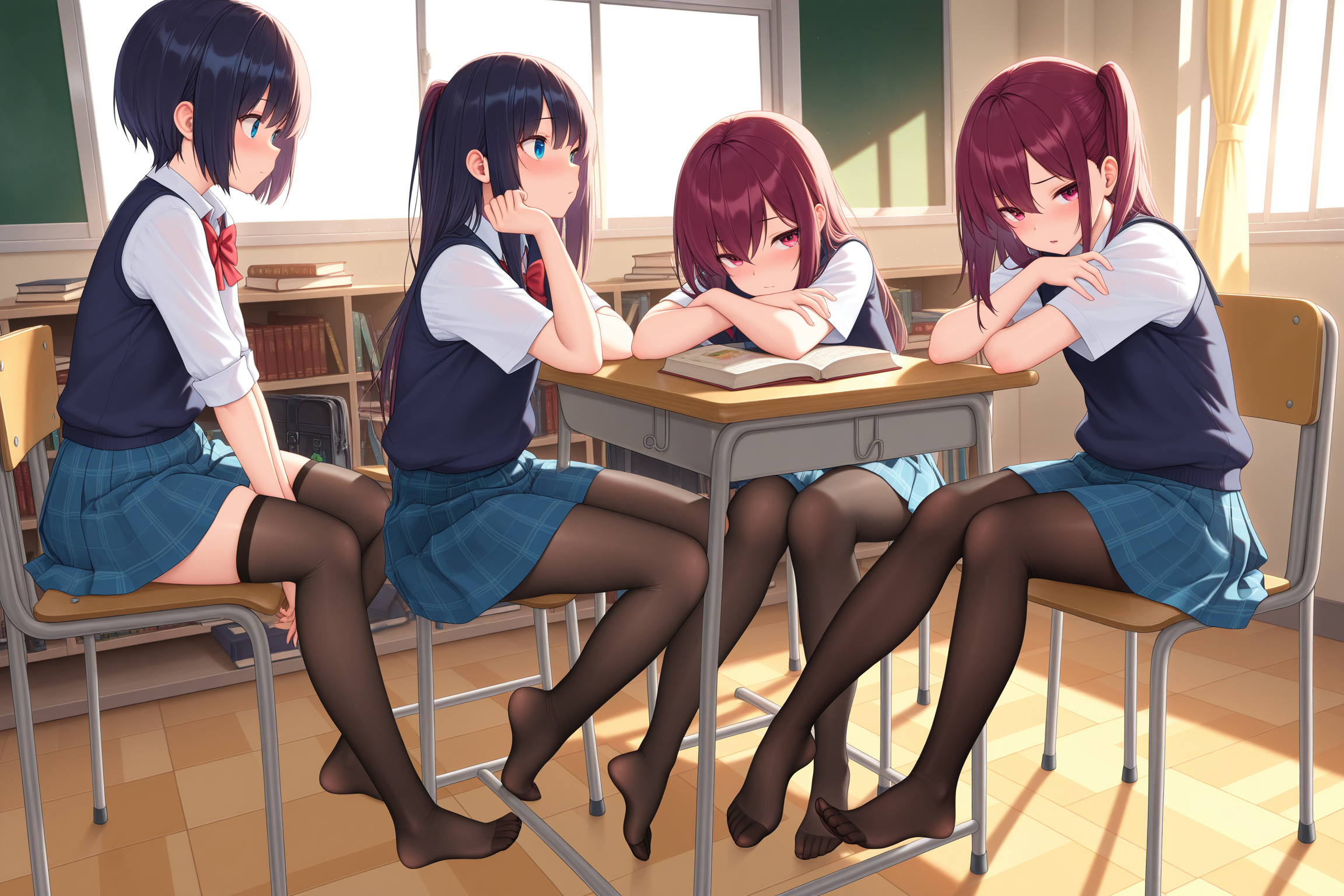 multiple girls, school uniform, classroom, sitting, desk, books, pantyhose, stockings, thighhighs, hosiery, shoeless, feet, legs