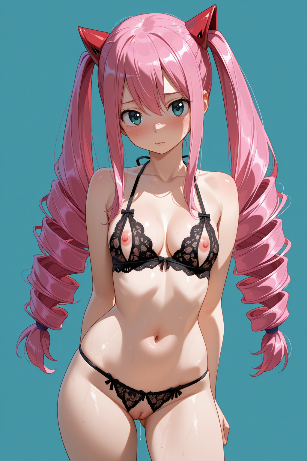 1girl, solo, wendy marvell, fairy tail, pink hair, long hair, twin drills, bangs, blue eyes, lace bra, lace panties, bikini panties, nipples, nipple outline, cleavage, midriff, navel, bare shoulders, slut outfit, standing, looking at viewer, simple background, pussy leak, leaking