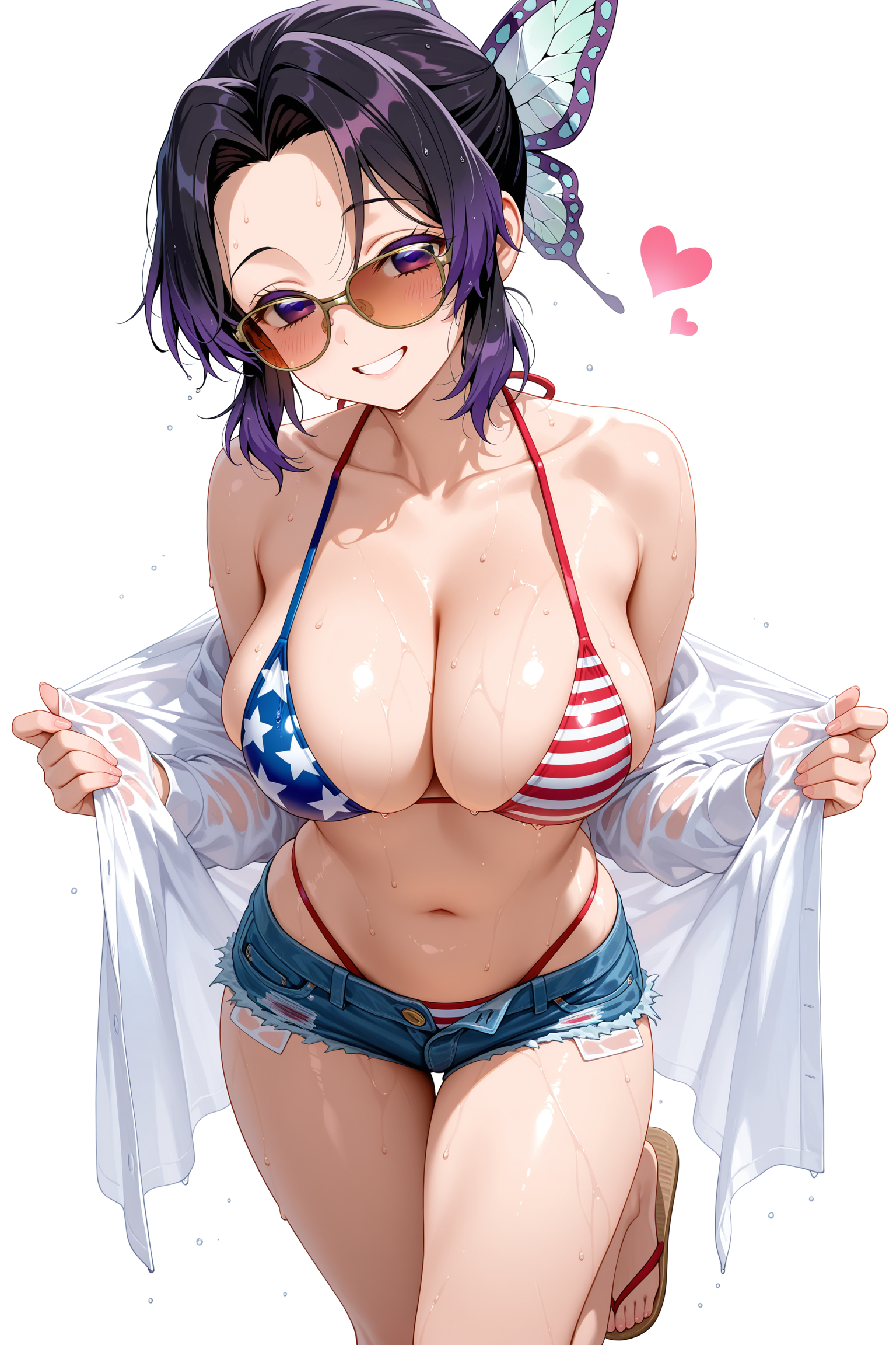 1girl, solo, breasts, looking at viewer, blush, smile, short hair, bangs, large breasts, simple background, shirt, black hair, hair ornament, long sleeves, white background, navel, cleavage, purple eyes, collarbone, swimsuit, white shirt, purple hair, heart, bikini, thighs, multicolored hair, sweat, open clothes, shorts, grin, wet, see-through, short shorts, open shirt, gradient hair, skindentation, sandals, sunglasses, denim, wet clothes, denim shorts, butterfly hair ornament, bikini under clothes, highleg bikini, tinted eyewear, cutoffs, micro shorts, flag print, flip-flops, american flag bikini, kochou shinobu