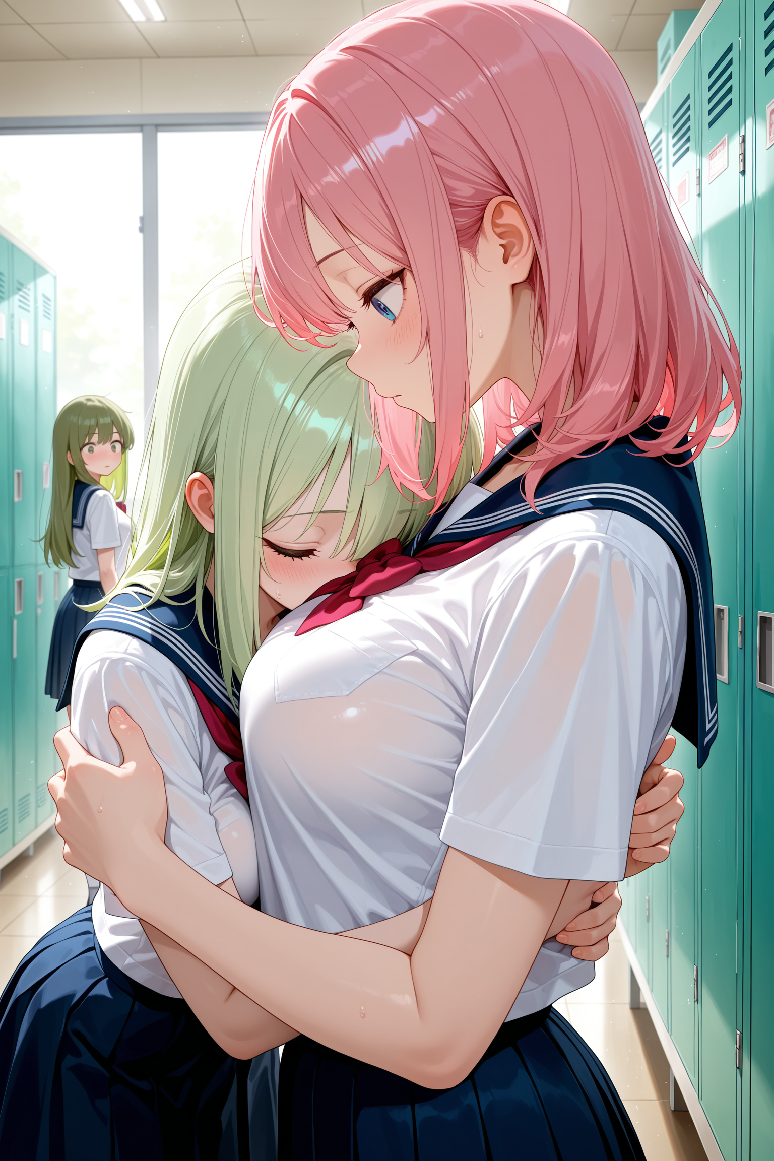 2girls, hugging, school uniform, pink hair, medium hair, medium breasts, pale green hair, long hair, hands on body, breasts, chest, indoors, locker room, school, simple background