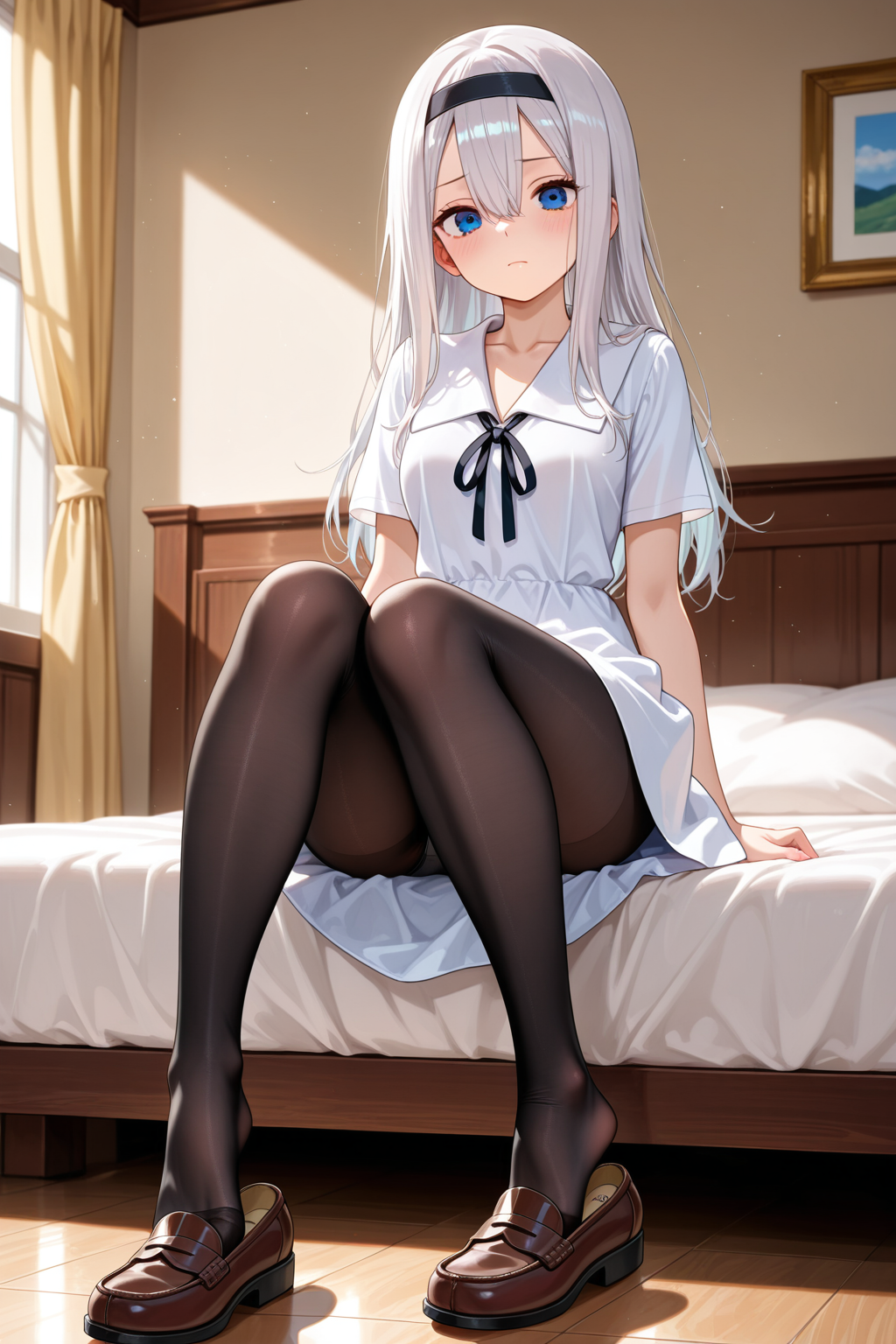 1girl, solo, sitting, sitting on edge of bed, removing shoes, bed, school uniform, shuuchiin academy school uniform, white dress, collared dress, summer uniform, sailor collar, long hair, white hair, grey hair, bangs, hair between eyes, hairband, black hairband, blue eyes, looking at viewer, breasts, collarbone, closed mouth, ribbon, black ribbon, neck ribbon, pantyhose, black pantyhose, loafers, brown footwear, panties, full body