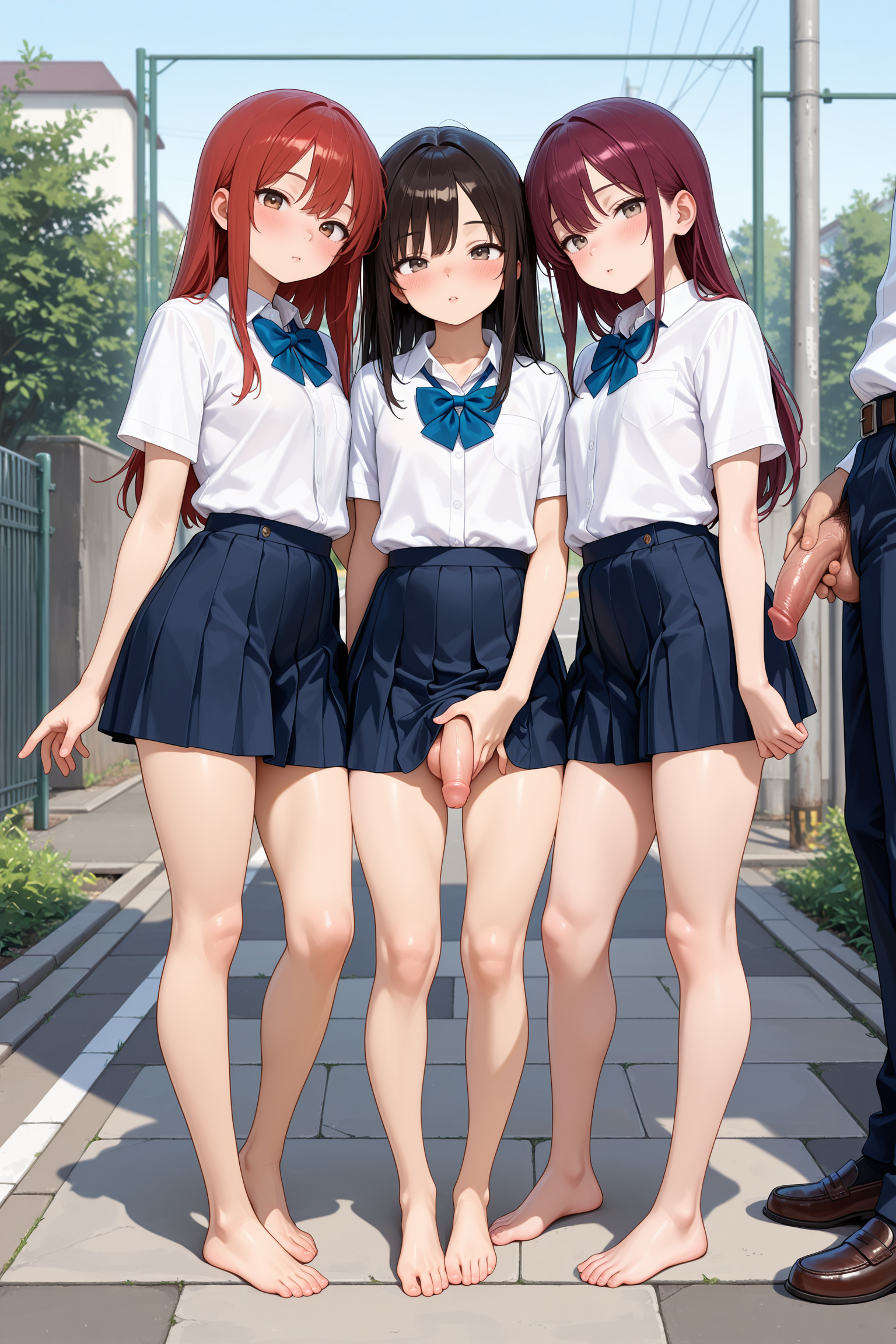 2girls, 1boy, femboy, long hair, skirt, white shirt, school uniform, penis, flaccid, hand on penis, barefoot, standing, full body, legs visible, looking at viewer, side-by-side, sidewalk, roadway, metal fence, outdoors