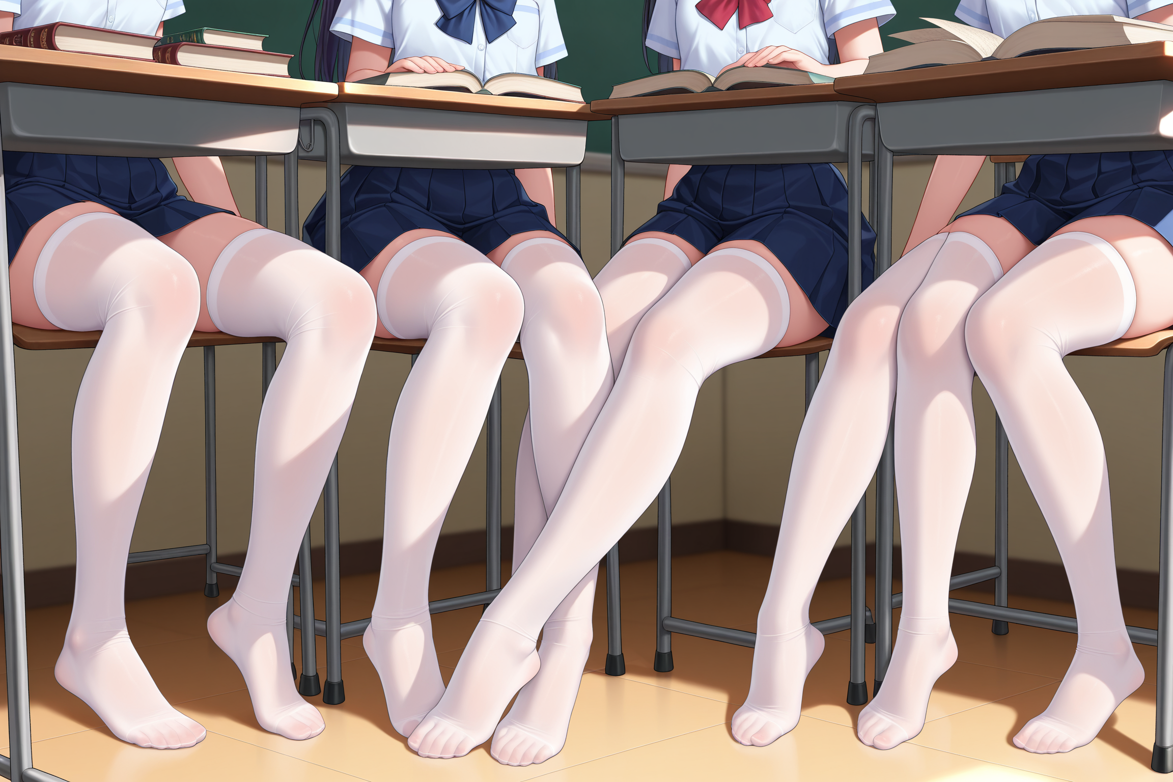 multiple girls, school uniform, white thighhighs, white stockings, pantyhose, stockings, thighhighs, hosiery, shoeless, feet, legs, sitting, desk, books, classroom