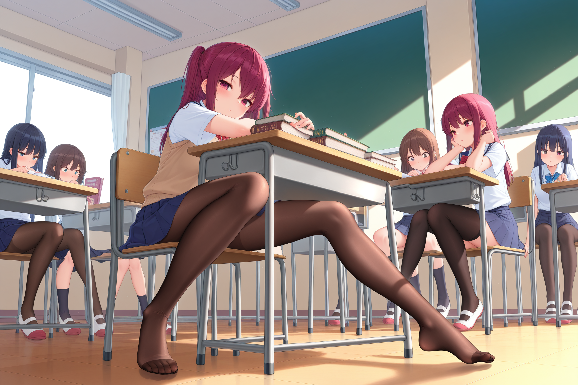 multiple girls, school uniform, classroom, sitting, desk, books, pantyhose, stockings, thighhighs, hosiery, shoeless, feet, legs