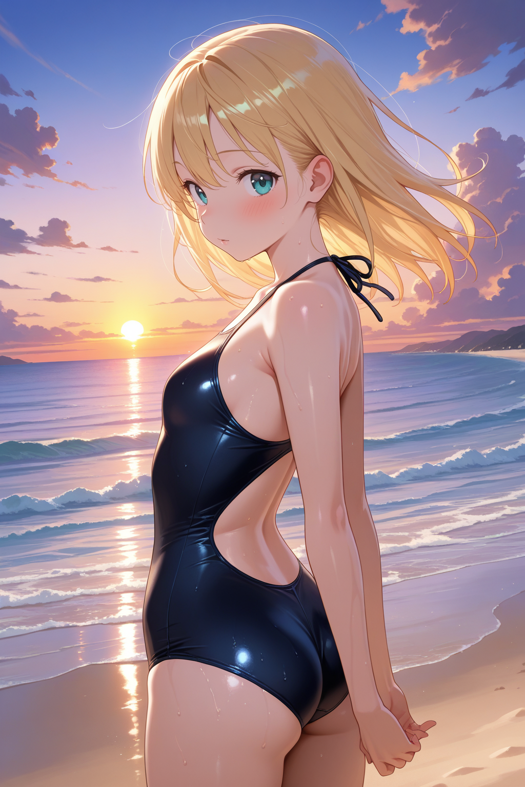 1girl, solo, blonde hair, black swimsuit, swimsuit, beach, sand, ocean, water, sunset, evening, sky, clouds, outdoors, anime