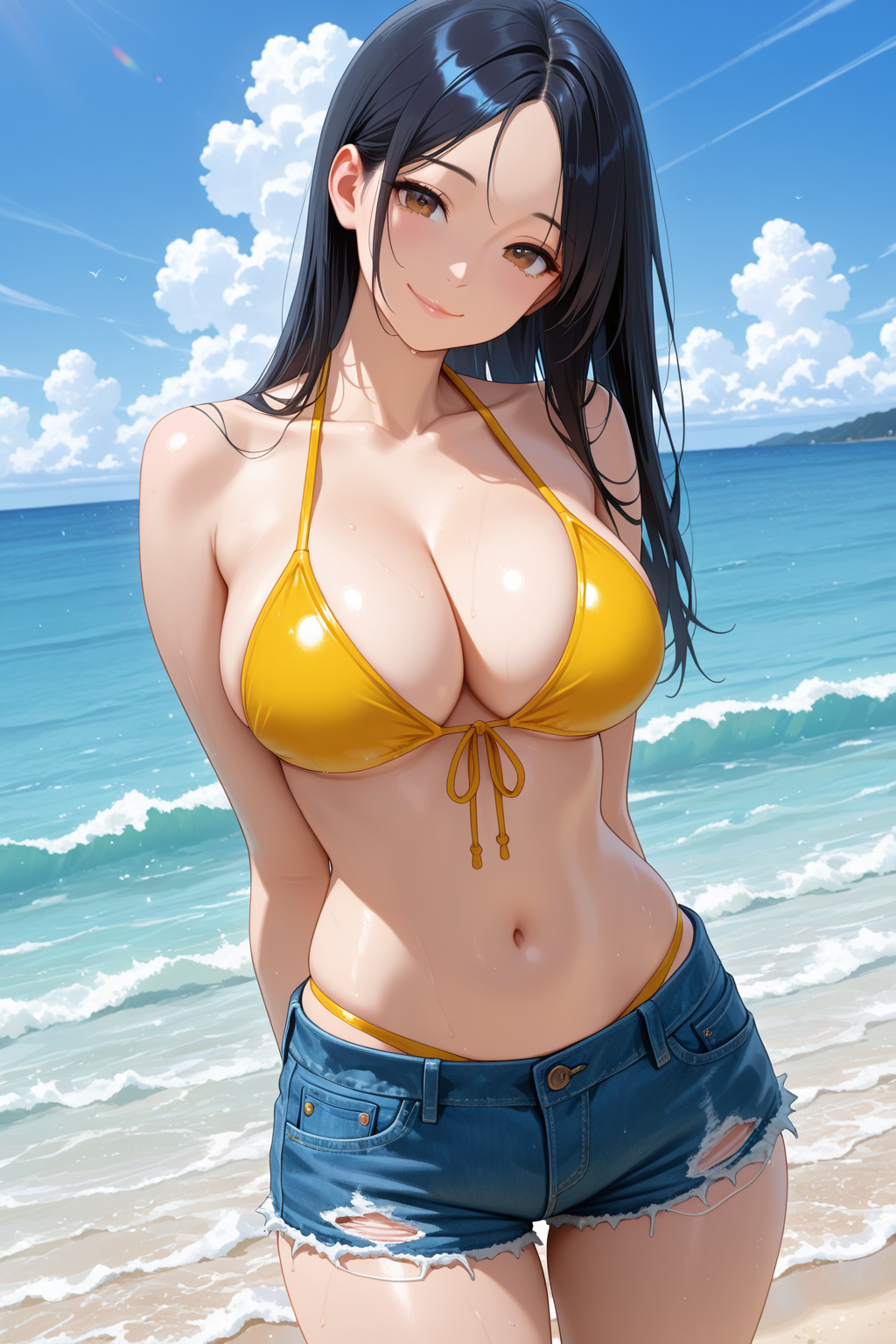 1girl, solo, long hair, breasts, looking at viewer, smile, bangs, large breasts, black hair, navel, cleavage, bare shoulders, brown eyes, closed mouth, standing, collarbone, swimsuit, bikini, thighs, cowboy shot, outdoors, sky, shorts, day, cloud, water, stomach, blue sky, lips, head tilt, parted bangs, short shorts, ocean, halterneck, arms behind back, denim, front-tie top, denim shorts, front-tie bikini top, yellow bikini, cutoffs